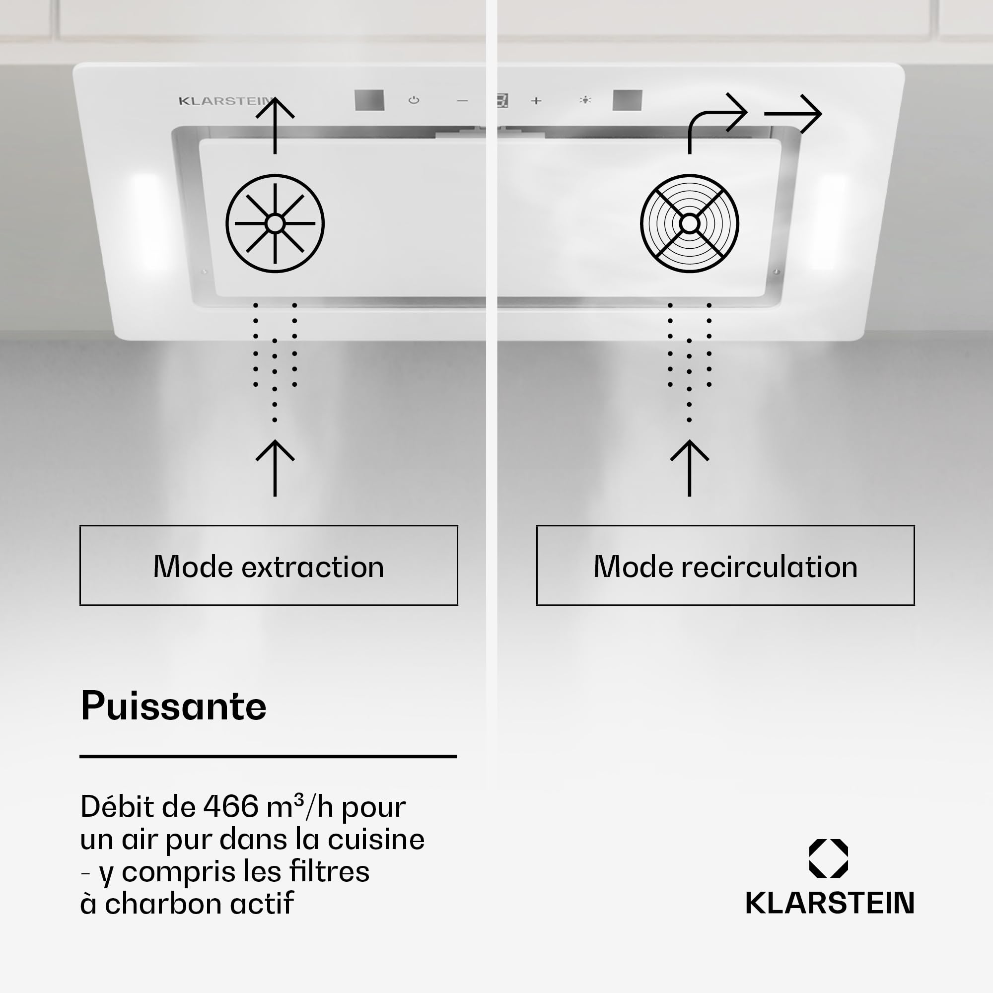 Klarstein Hotte Aspirante Encastrable 72 cm, Hotte Aspirante Silencieuse, de Cuisine avec Lampes LED, Débit d'Air Puissant 466 m³/h, Minuterie, Commandes Tactiles, avec Évacuation