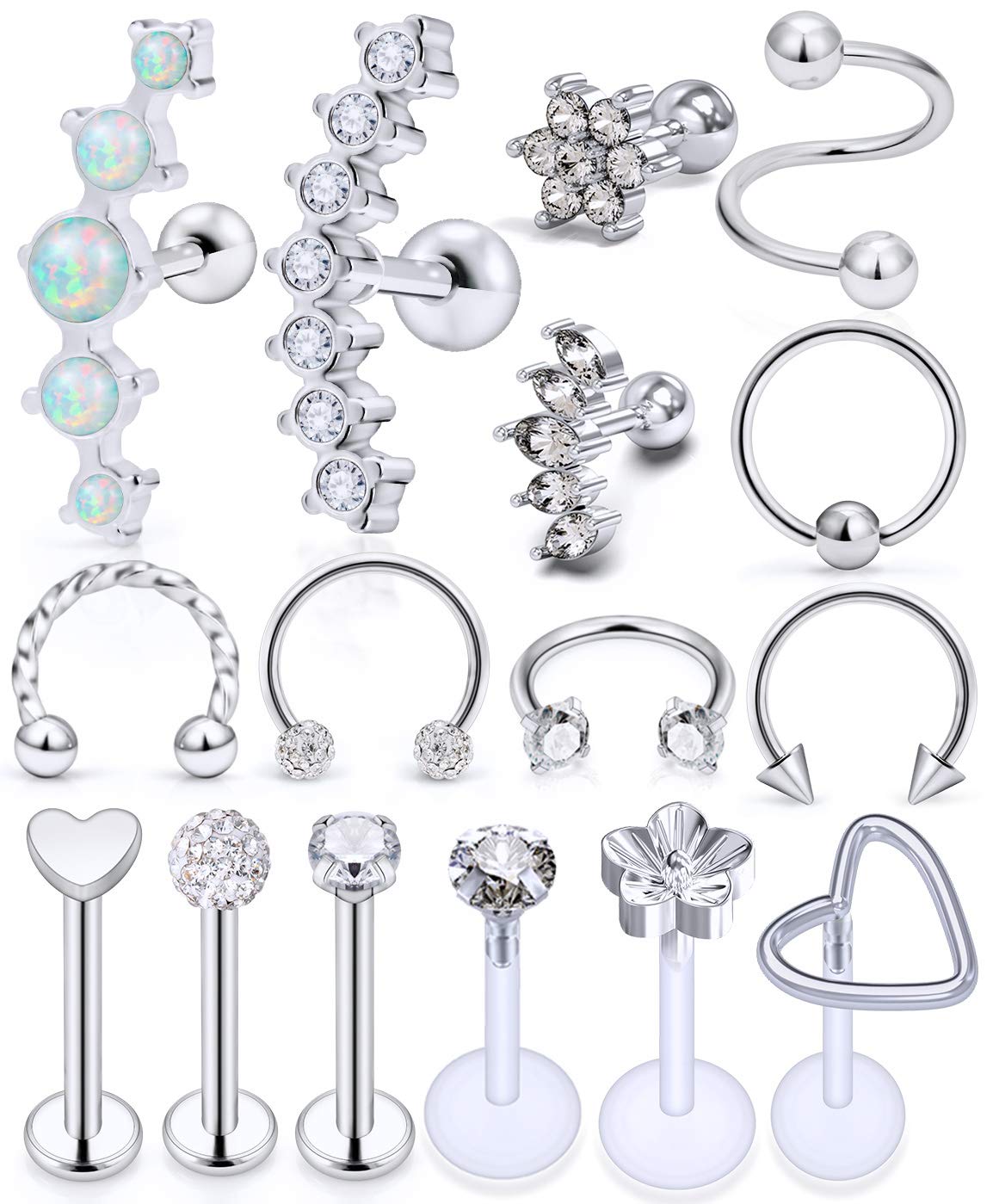 Push in Theadless Nose Rings Studs 16G 18G 20G Stainless Steel Stud Earrings Cartilage Ear Piercings Helix Tragus Earrings Barbell 6mm 7mm 8mm Lenght Diamond 3mm