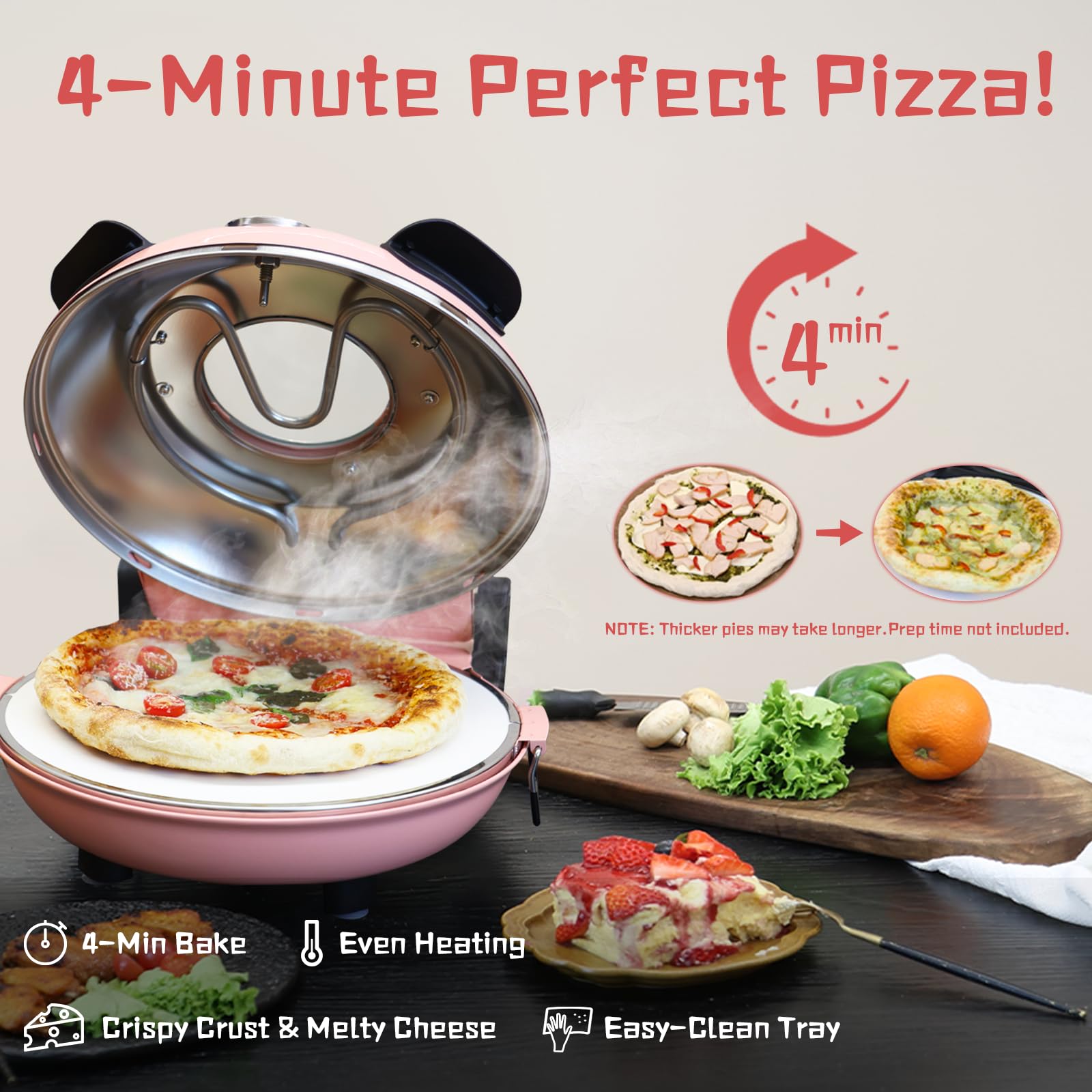 Stone Pizza Oven, 12'' Indoor Electric Pizza Maker, 1200W Countertop Pizza Maker Machine with Dual Temp Control, Crispy Crust Pizzas in Minutes, Pink - Detailed View