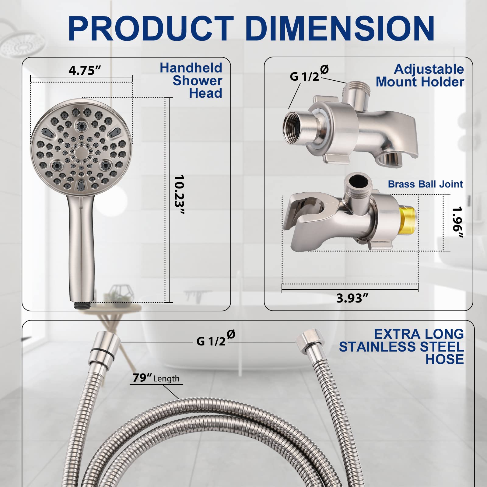 Pommeau de douche à main haute pression à 10 réglages, pulvérisateur de douche amovible de 12,7 cm, tuyau extra long en acier inoxydable de 200,7 cm, support réglable – Nickel brossé