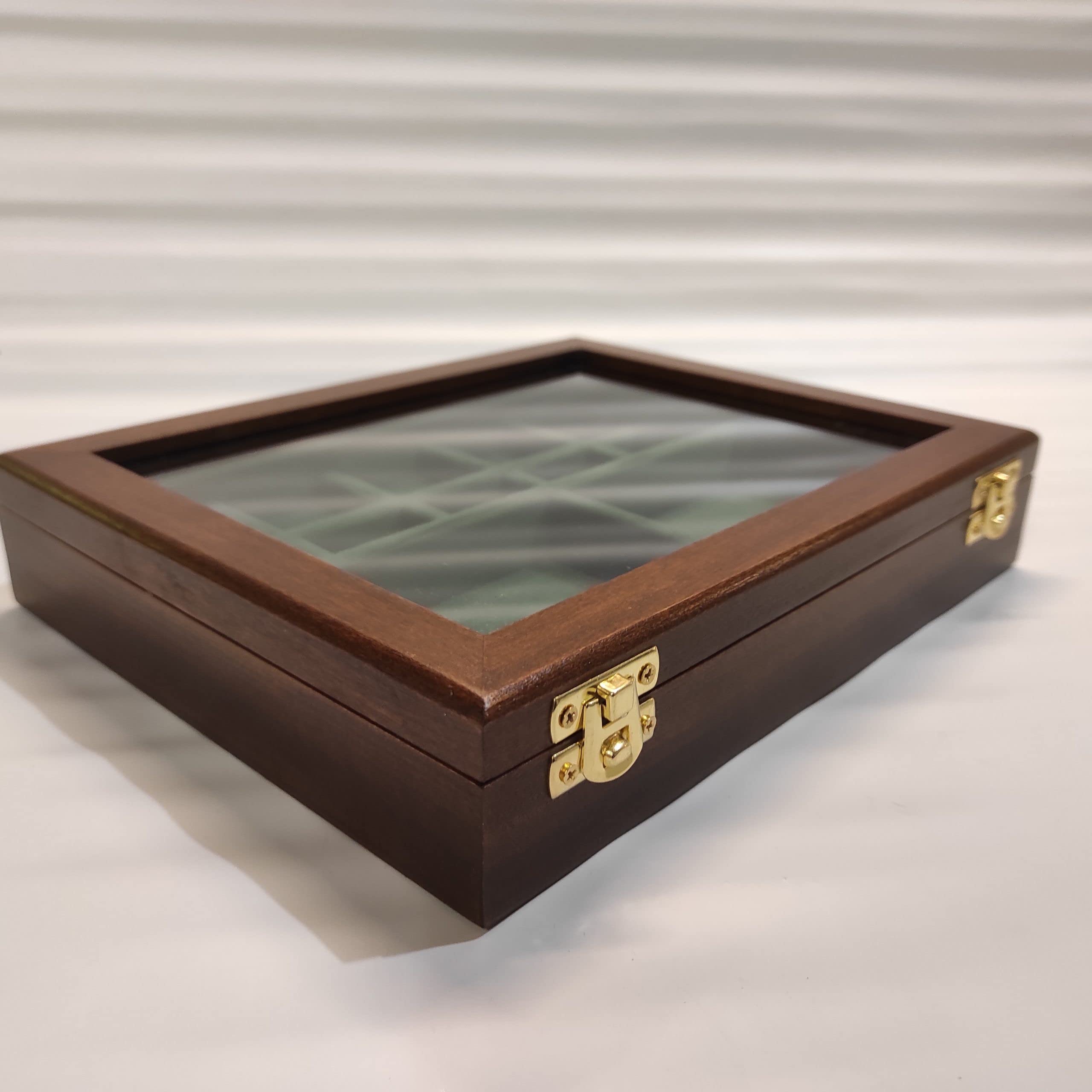 Expositor de Madera y Cristal para Monedas, fósiles y Conchas, 12 Compartimentos, Caja coleccionista Artesanal Hecha a Mano, numerada, con Certificado de autenticidad