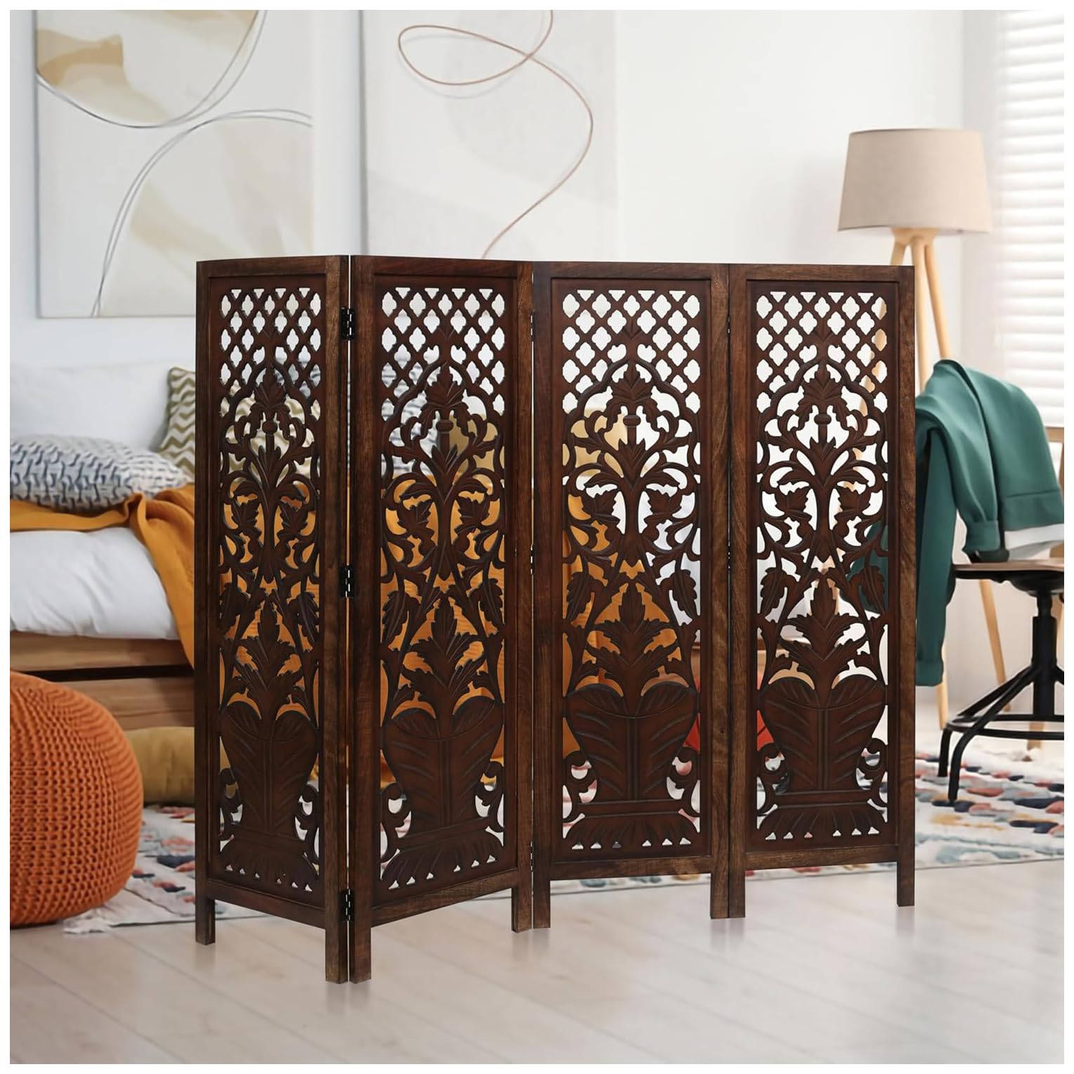 Room Divider Wood Screen Panel – Burnt Brown, 4-Panel Folding 64"x54", Hand-Carved, Reversible Privacy Partition, Decorative & Functional Portable