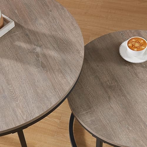 Miniatura 7 de CENSI Juego de 2 mesas de centro redondas anidadas, 31.5 pulgadas, moderna madera de roble gris lavado y marco de metal, mesas decorativas apilables