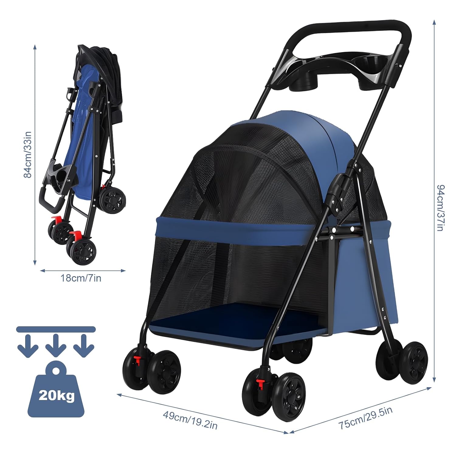 4 Wheels Dog Cat Stroller up to 50lbs, Outdoor Travel Folding Pet Stroller for Medium Small Dog Cat, Puppy Cage with Cup Holder, Visible Window, Cup Holder, Rear Wheel Dual Brake Navy Blue