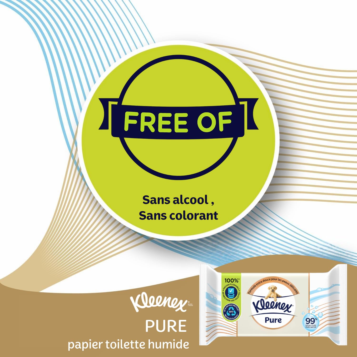 KLEENEX Pure - Papier Toilette Humide (12 paquets de 38 feuilles) - double épaisseur - jetable dans les toilettes - sans plastique - sans parfum - sans alcool - emballage recyclable