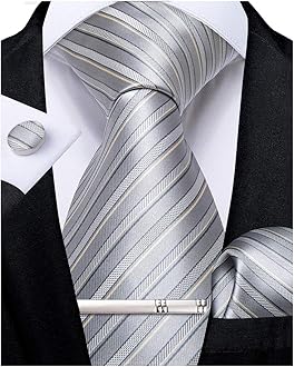 Mens Striped Tie Silk Woven Necktie and Pocket Square Cufflinks Tie Clip Set Wedding Business Formal Gift Tie for Men