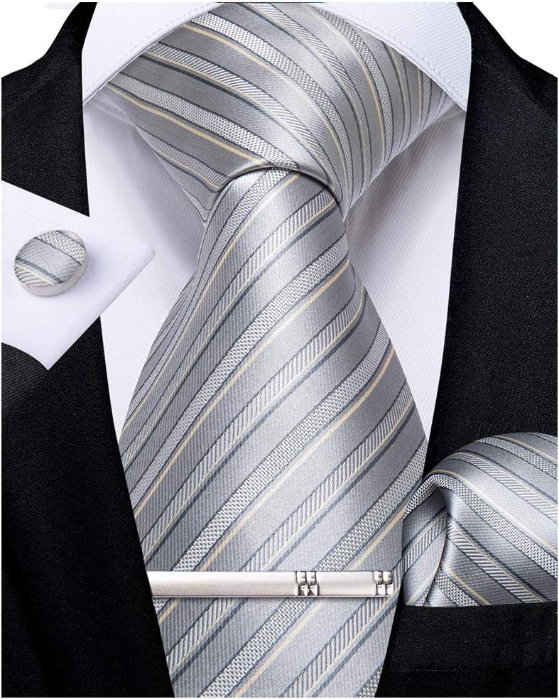 DiBanGu Mens Striped Tie Silk Woven Necktie and Pocket Square Cufflinks Tie Clip Set Wedding Business Formal Gift Tie for Men