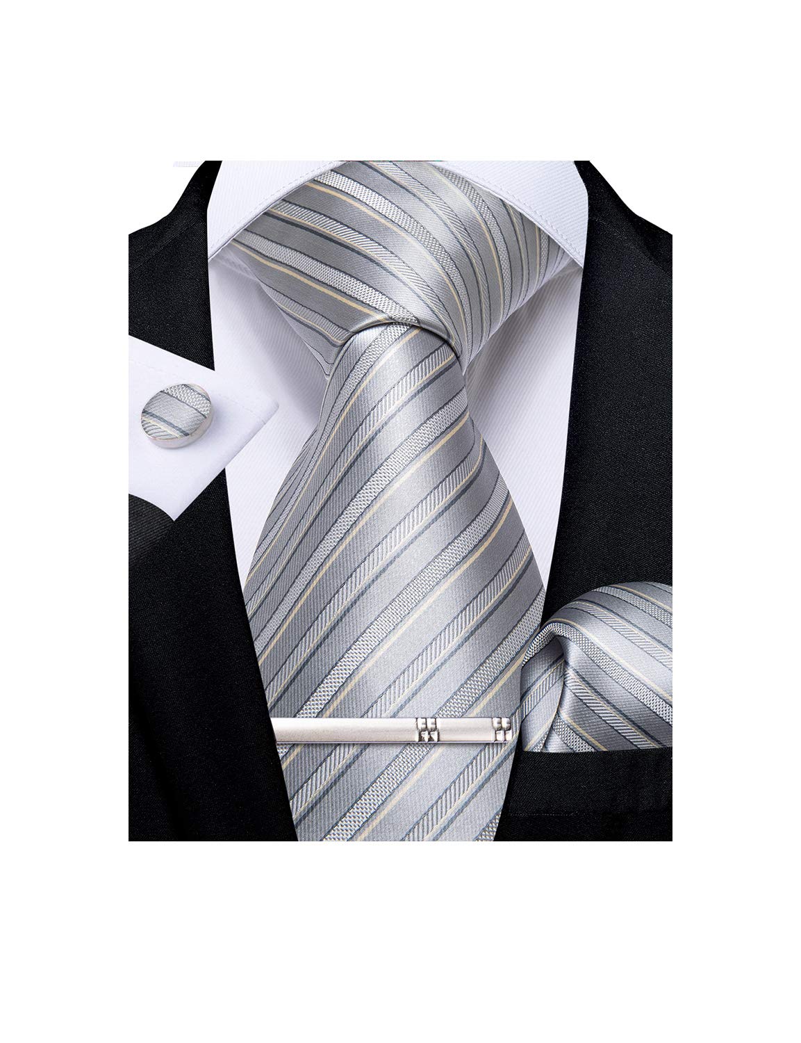 DiBanGu Mens Striped Tie Silk Woven Necktie and Pocket Square Cufflinks Tie Clip Set Wedding Business Formal Gift Tie for Men