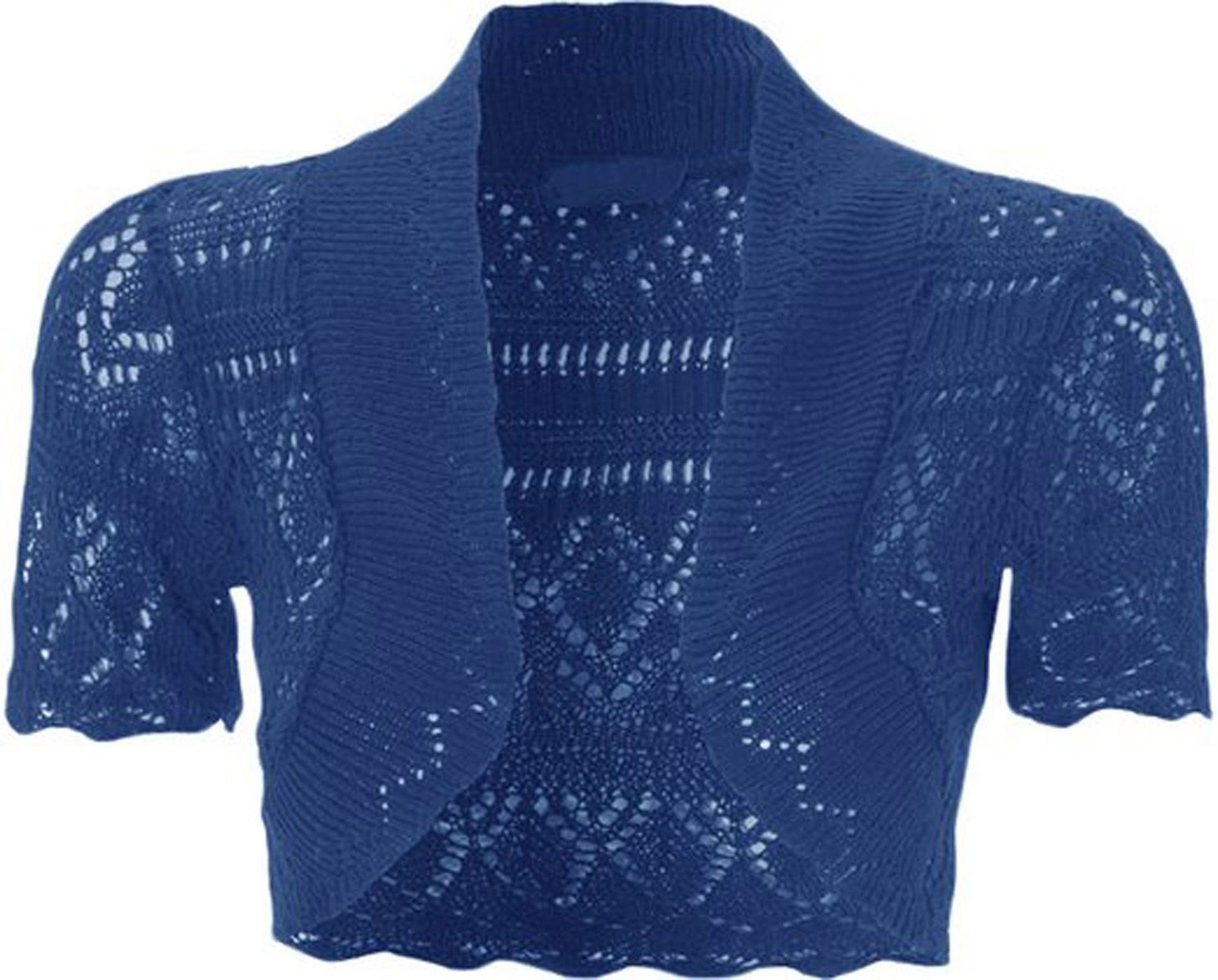 Women's New Crochet Front Open Short Sleeve Knitted Bolero Cropped Cardigan Shrug Royal Blue