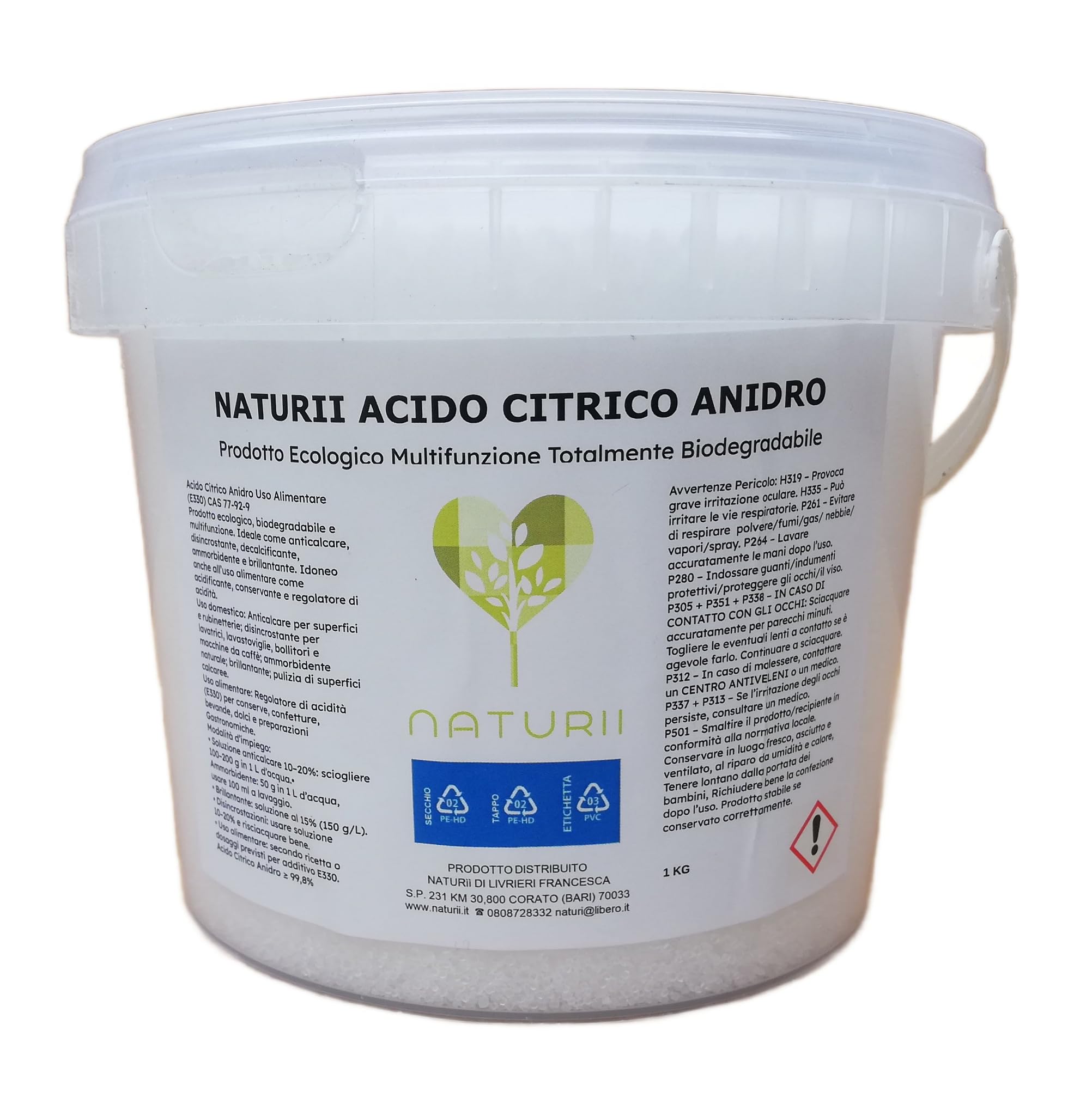 NATURII Acido Citrico Anidro Uso Alimentare E330 Anticalcare Naturale Ecologico Puro 100% Biodegradabile Multiuso per Pulizia e Igiene Ammorbidente, Anticalcare (CITRICO ANIDRO 5 KG)