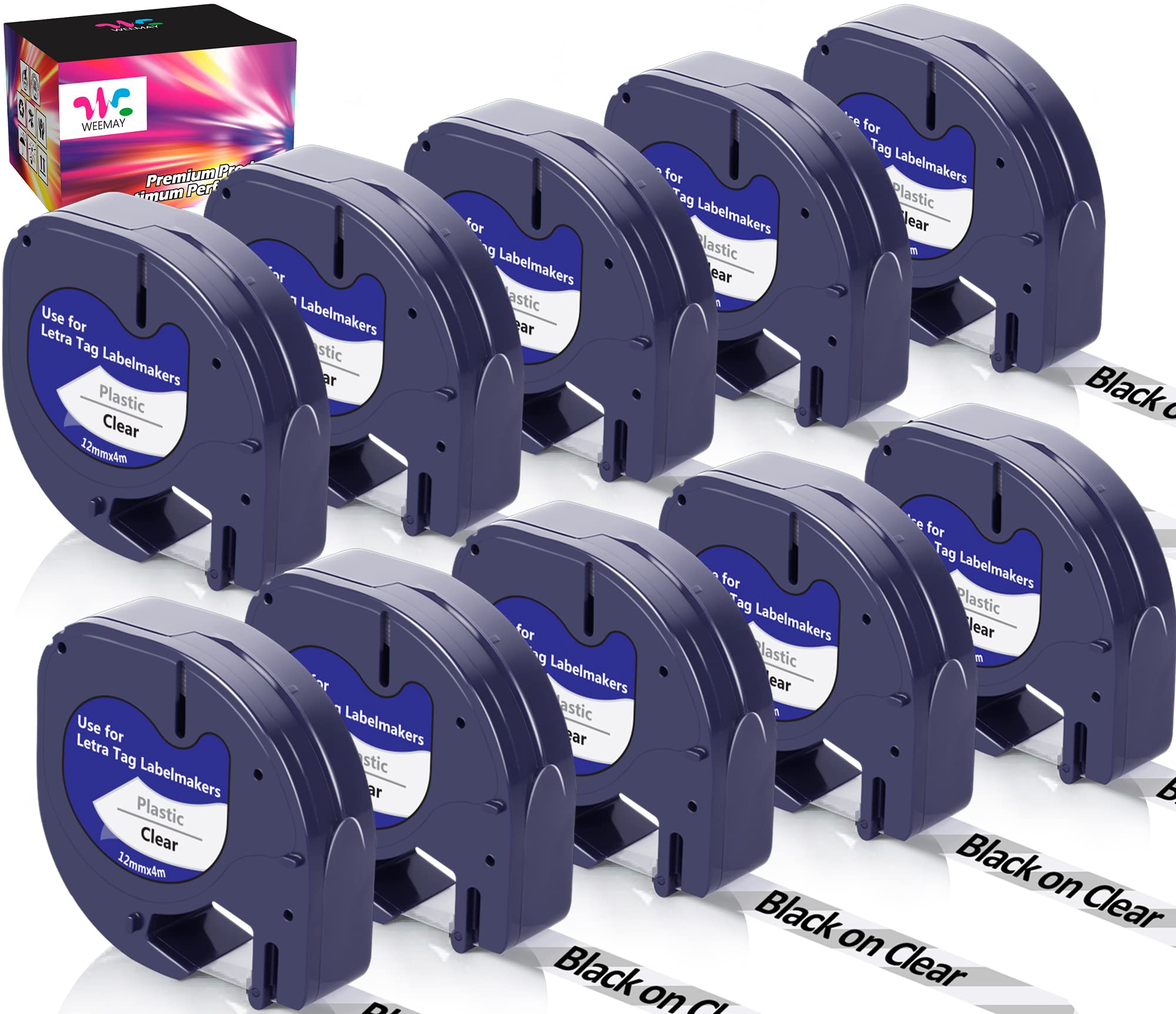 Weemay Compatible Label Tape Replacement for Dymo Letratag Refills LT Clear Plastic Label Cassette 12mm 16952 S0721530 Black on Clear Tape for ...