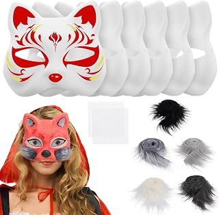 DIY Unpainted Blank White Animal Masks with Furry Strips, Cat Face Painted Masquerade Masks Pulp Craft for Party
