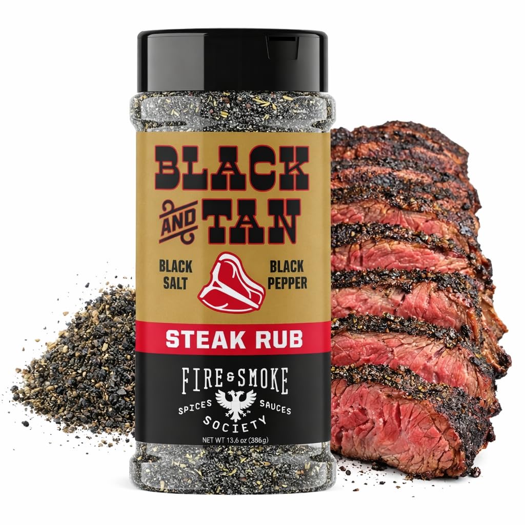 Fire & Smoke Society Black & Tan Steak Seasoning | BBQ Rubs, Steak Rub for Smoking and Grilling Meat | Steaks, Brisket, Burgers Dry BBQ Rubs and Spices | XL 13.6 oz