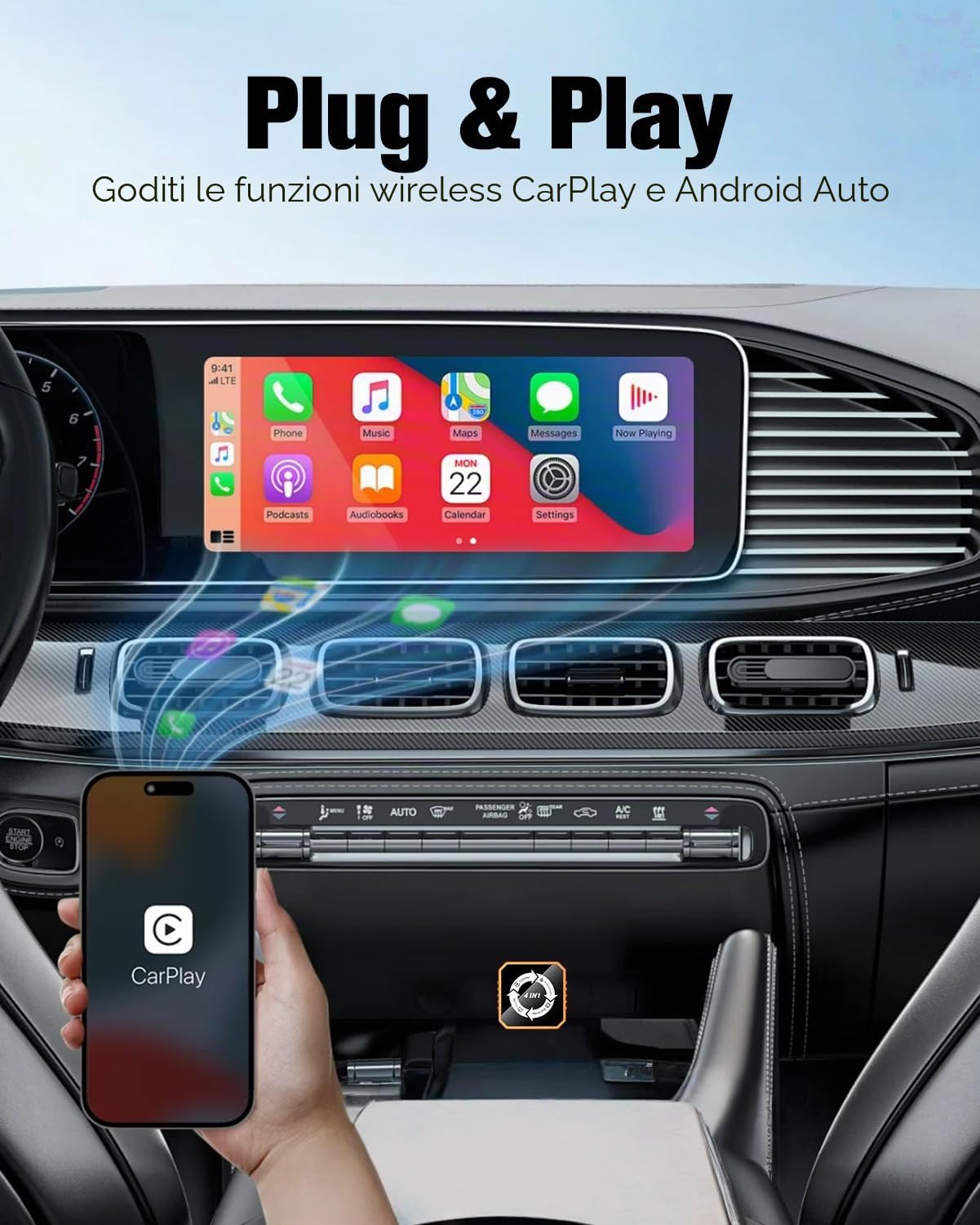 Adattatore wireless CarPlay 4 in 1 e dongle auto Android, supporta AirPlay e MirrorLink Screen MirrorLink, connessione veloce stabile a 5,8 GHz, Plug and Play per auto con CarPlay cablato di