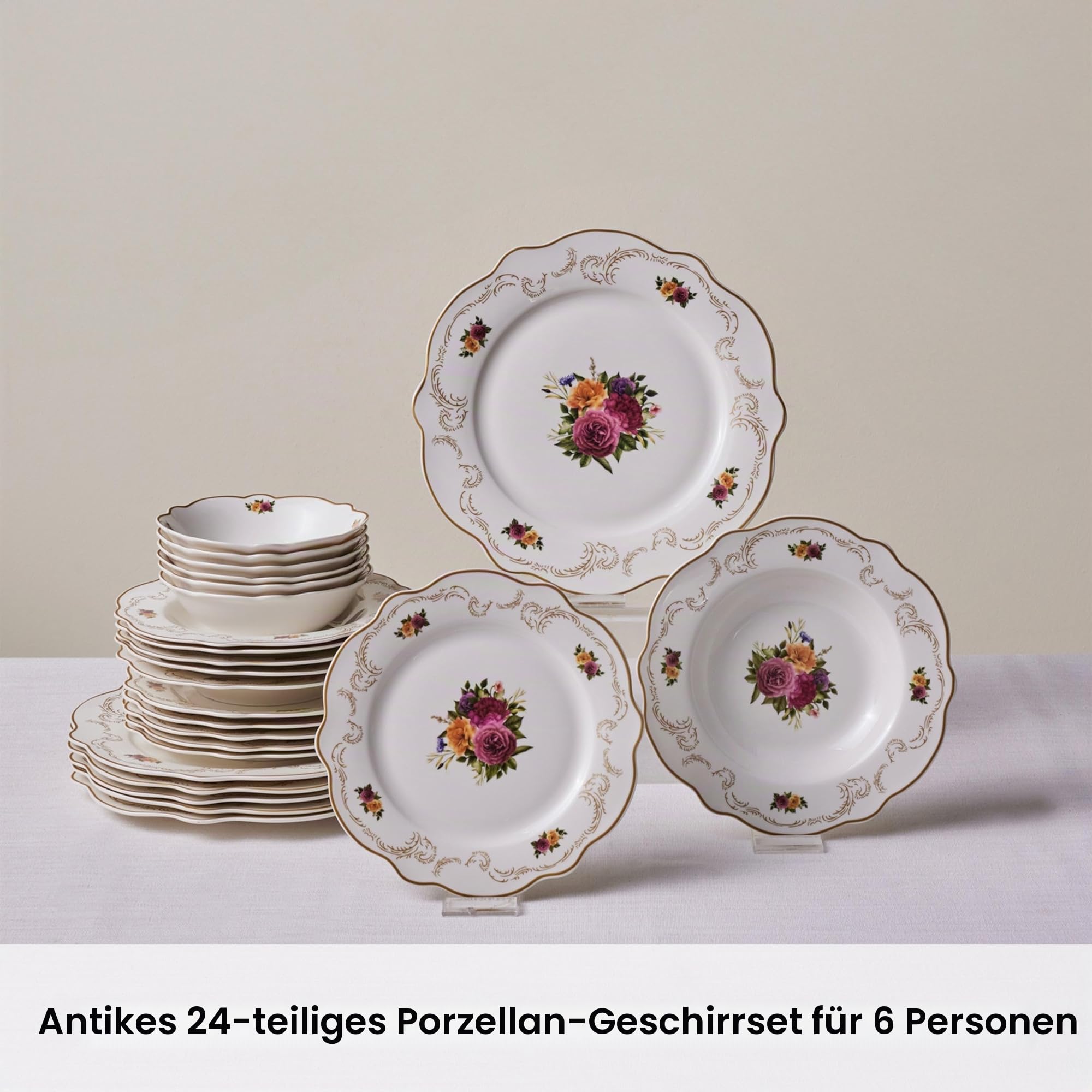 Karaca Antique - 24-teilig Geschirrset für 6 Personen, Porzellan Geschirr Set mit Servierteller, Dessertteller, Essteller, Suppenteller, Tafelservice Teller Set - Weiß & Blumen