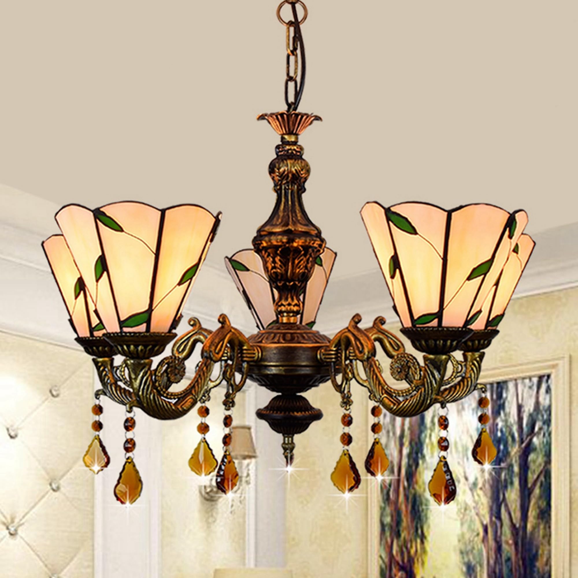 Żyrandol Witrażowy Tiffany, 5 Głowic 6 Cali Ciepłe Liście Lampa Sufitowa Wystrój W Stylu Vintage Kryształowa Lampa Wisząca Do Pokoju Sypialnia Restauracja Przedpokój