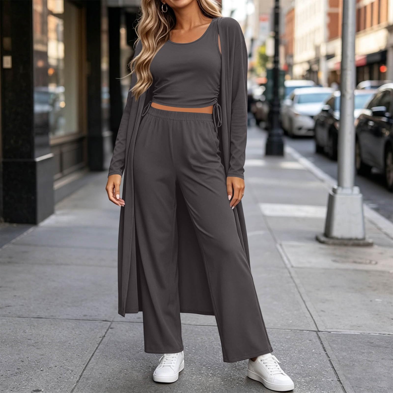 Conjunto de ropa de descanso de 3 piezas para mujer, de punto acanalado, ajuste delgado, cuello redondo, chaleco corto, pantalones de pierna ancha, cárdigan de manga larga, cárdigan suave y acogedor