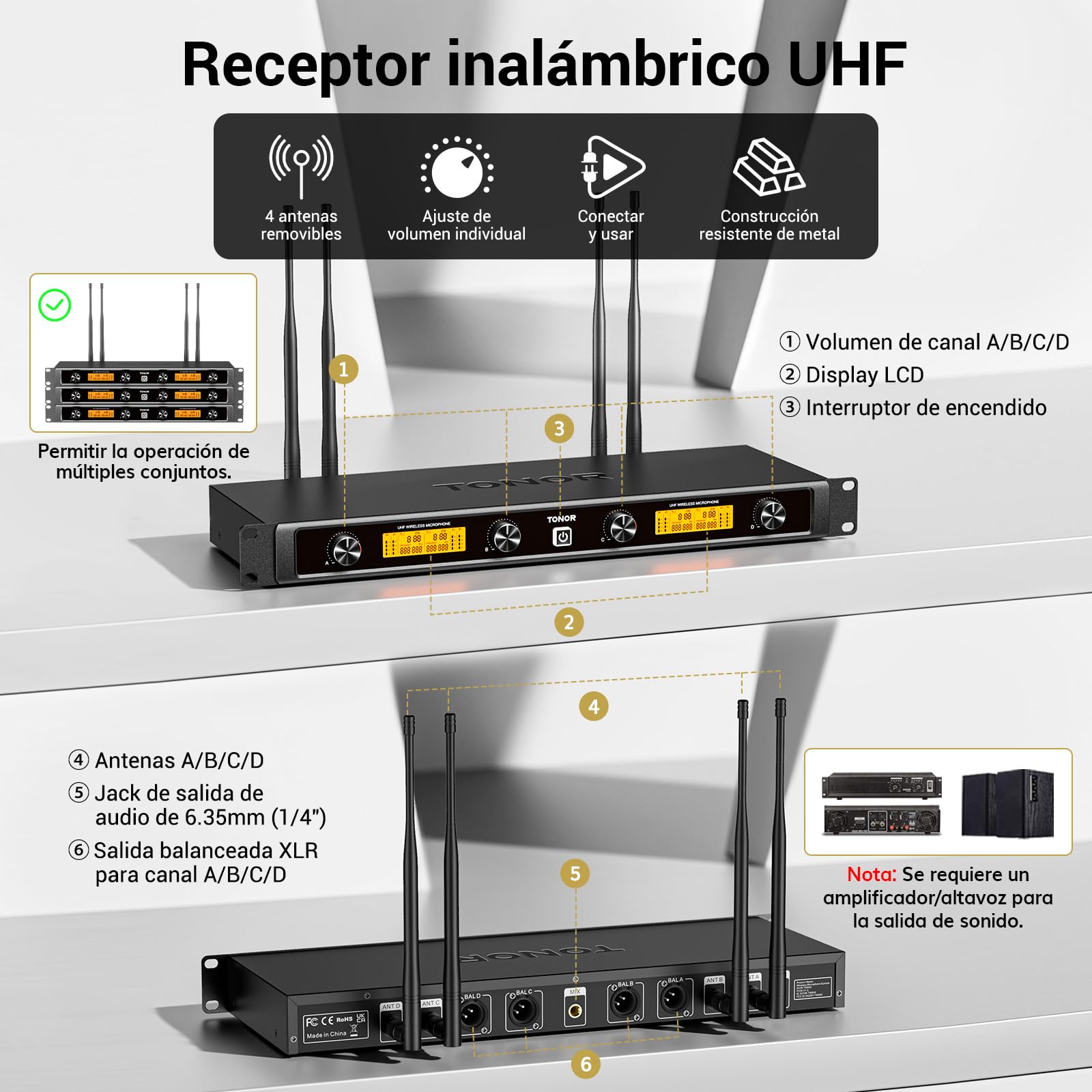 TONOR Sistema de Microfono Inalámbrico UHF, Micrófono de Mano/Auriculares/Lavalier, Transmisor de Bolsillo, Receptor Metálico de 4x5 Frecuencias, Alcance de 90m para Karaoke en Iglesias, 4 Canales