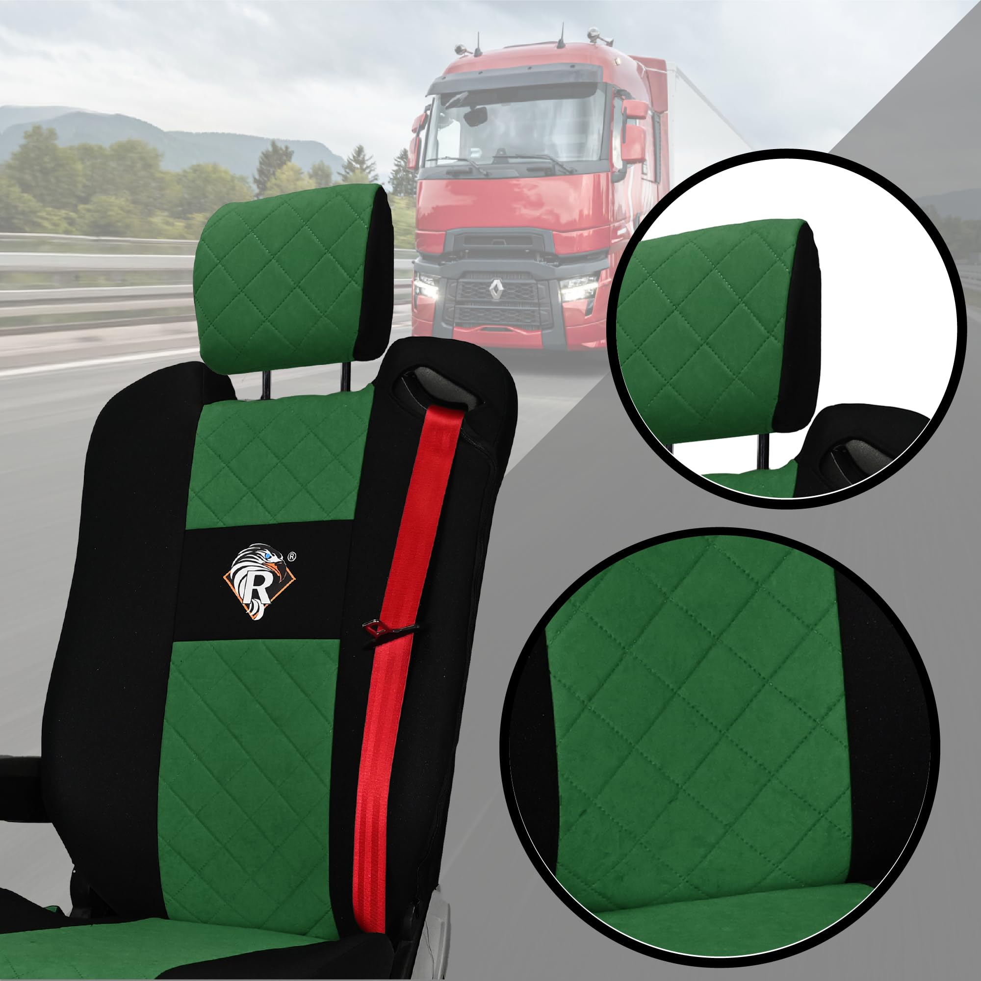 SABA Coprisedile per Gamma Renault T dal 2014, sedile conducente con poggiatesta, sedile passeggero, 2 cinture di sicurezza Verde Accessori di Protezione per Sedili di Camion