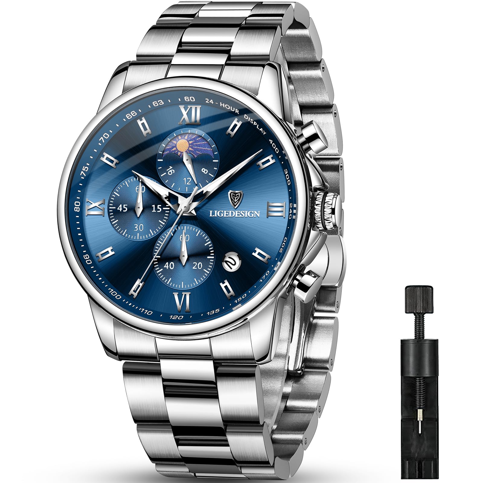 LIGE Montre Homme - Montre Quartz Élégante avec Cadran Bleu Chronographe
