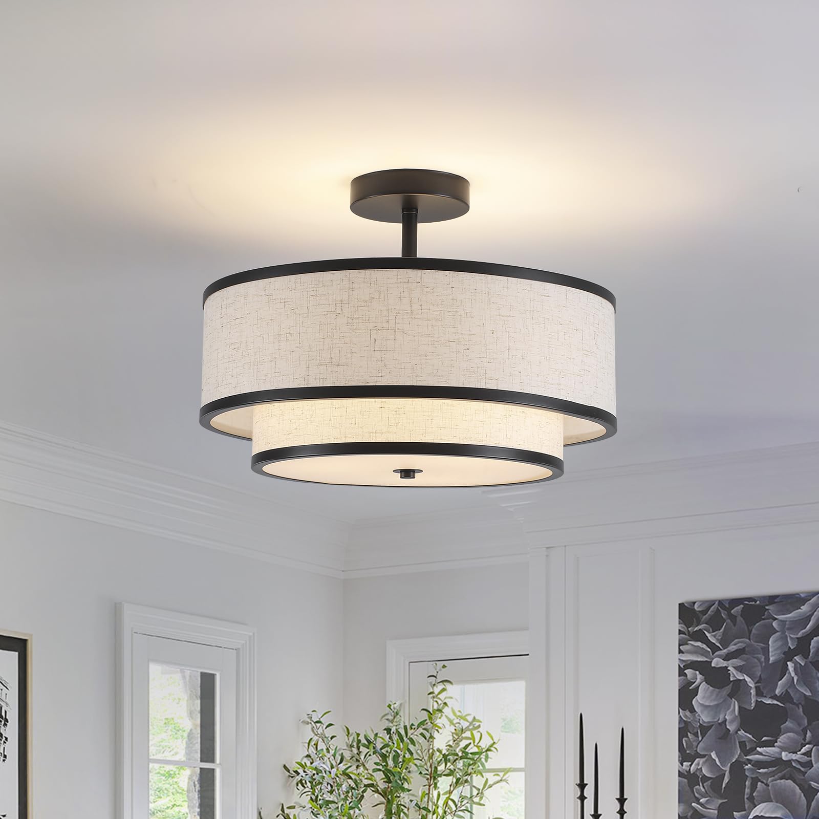 KOLQSEAL Semi Flush Mount Ceiling Light, 3-Light Double Drum Ceiling Light Fixture with Fabric Shade, Farmhouse Chandelier Dining Room Light Fixture