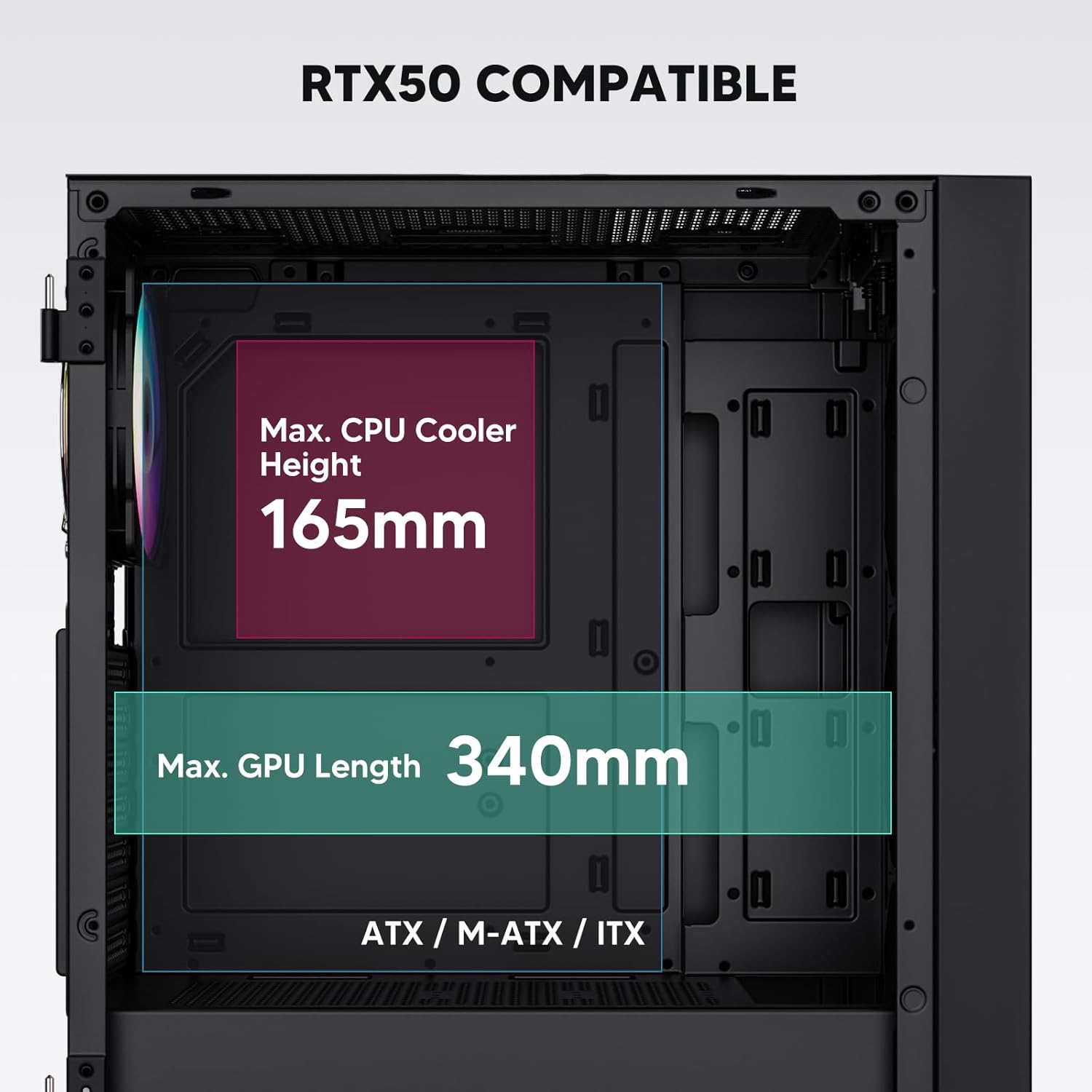 Vetroo AL800 PC Case showing motherboard compatibility and component clearance