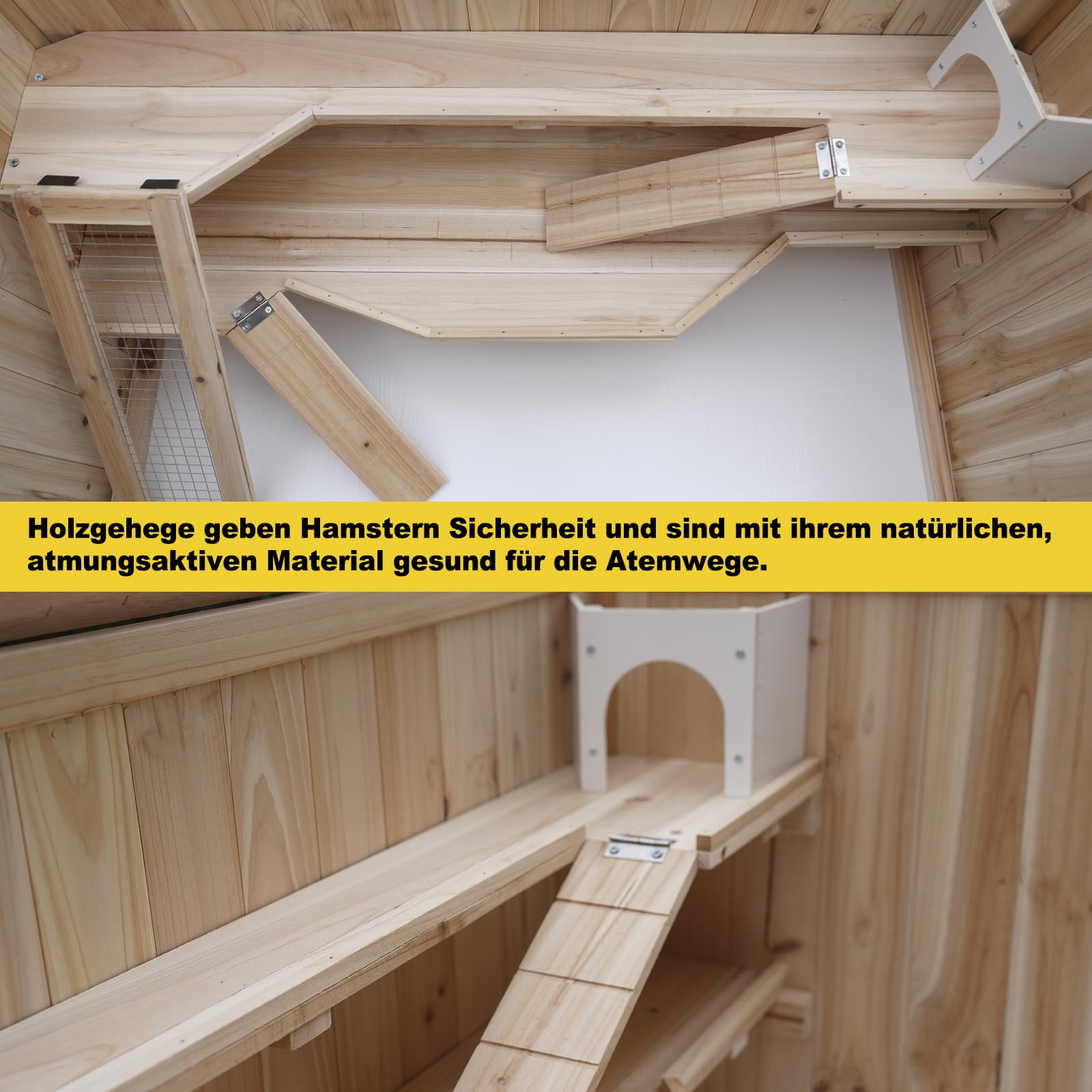 Hamsterkäfig aus Tannenholz, 94,5 x 48,5 x 49,5 cm, mit Plattformen, Leiter und Hütte
