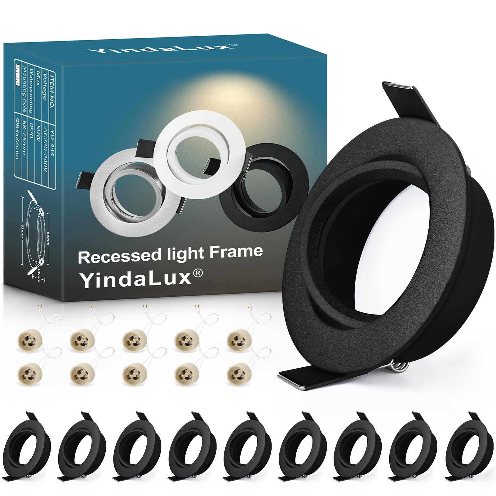 YindaLux 10 Pack GU10 Downlight Bezels Black, 45° Adjustable Aluminium Recessed Spotlight Frames, 230V with GU10 Holder, Ø84mm, Cut-Out 68-75mm, Round Ceiling Spots, No Bulb