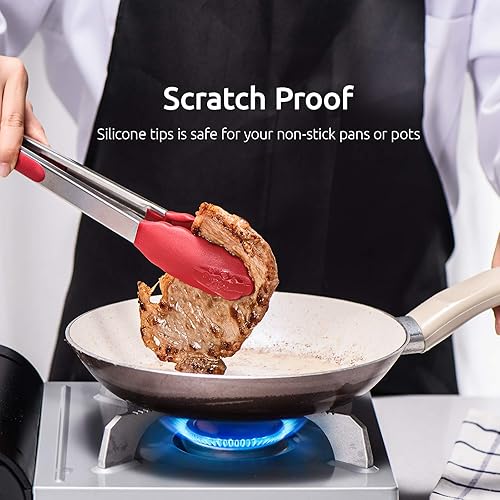 Miniatura 9 de U-Taste Juego de tazas y cucharas medidoras de acero inoxidable 188 y juego de pinzas de cocina de alta resistencia al calor de 600F (rojo)