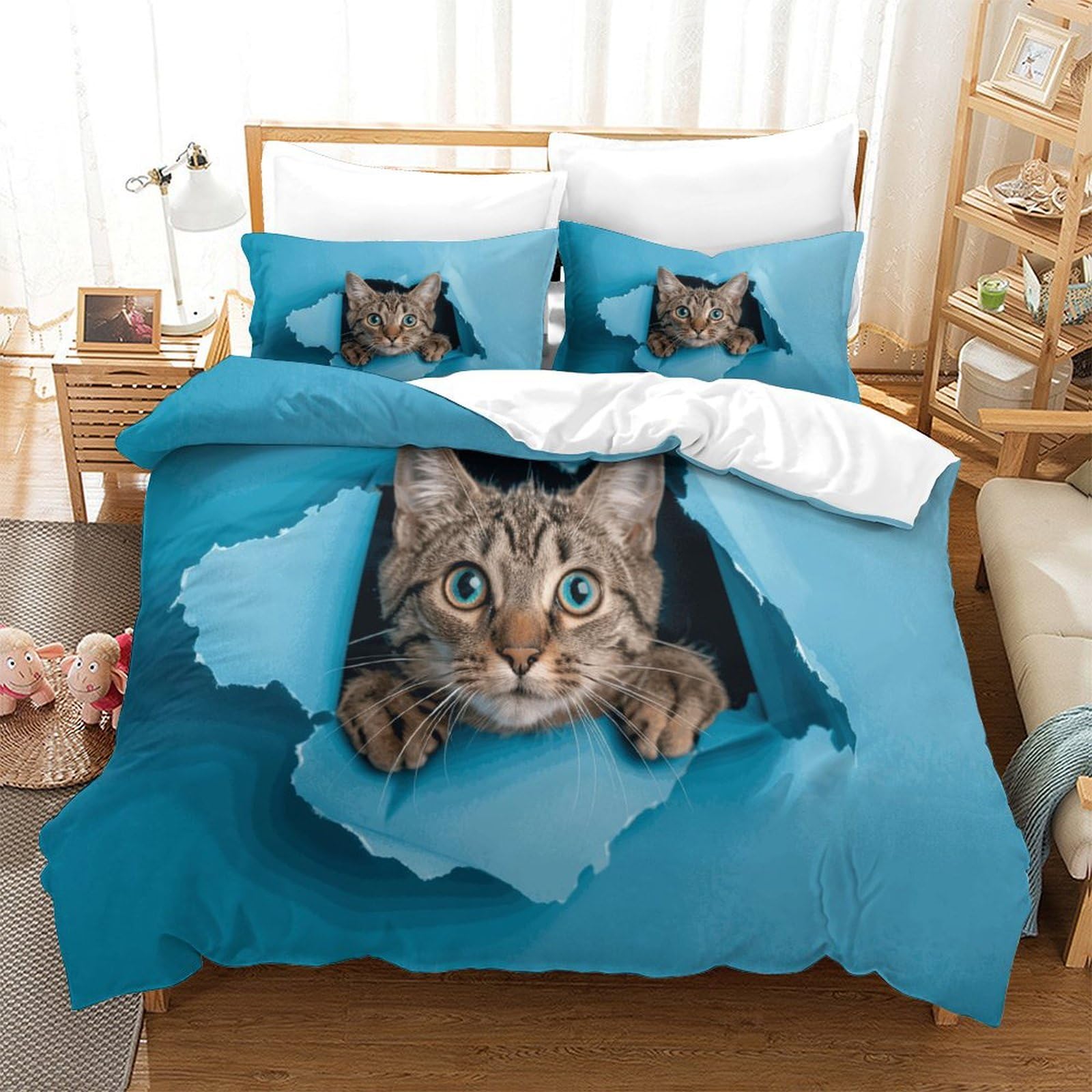 P1S9U7W5Y 3D Printed Realistic Cat Duvet Cover Set 3pcs Microfiber Blue Cat Bedding Set Single（140x200cm）
