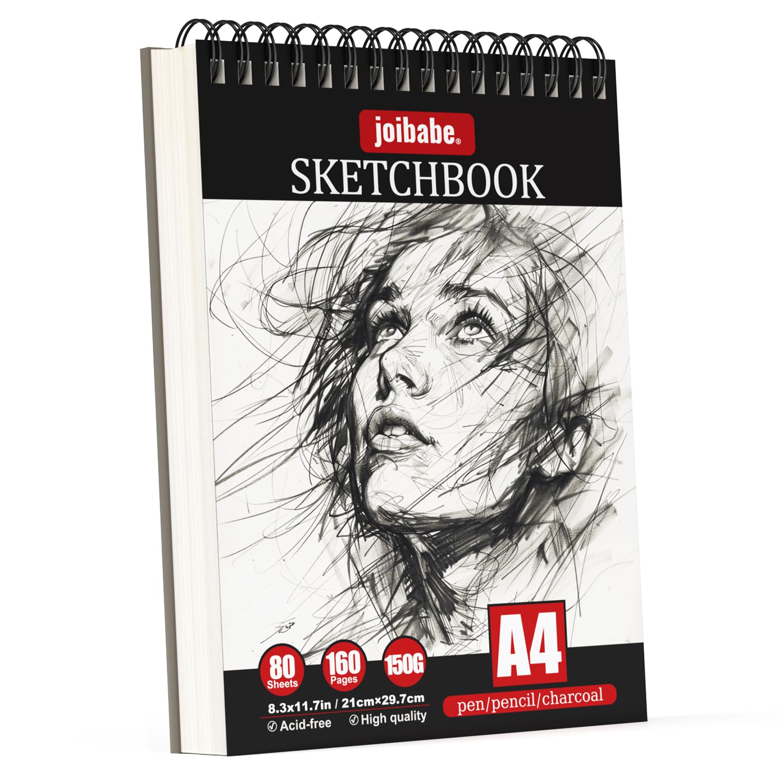 joibabe A4 Sketch Book, Hardcover Spiral Bound Sketchbook 150gsm, 80 Sheets 160 Pages Sketch Pad,Natural White Drawing Book, Professional Drawing Pad for Kids & Adults & Artists