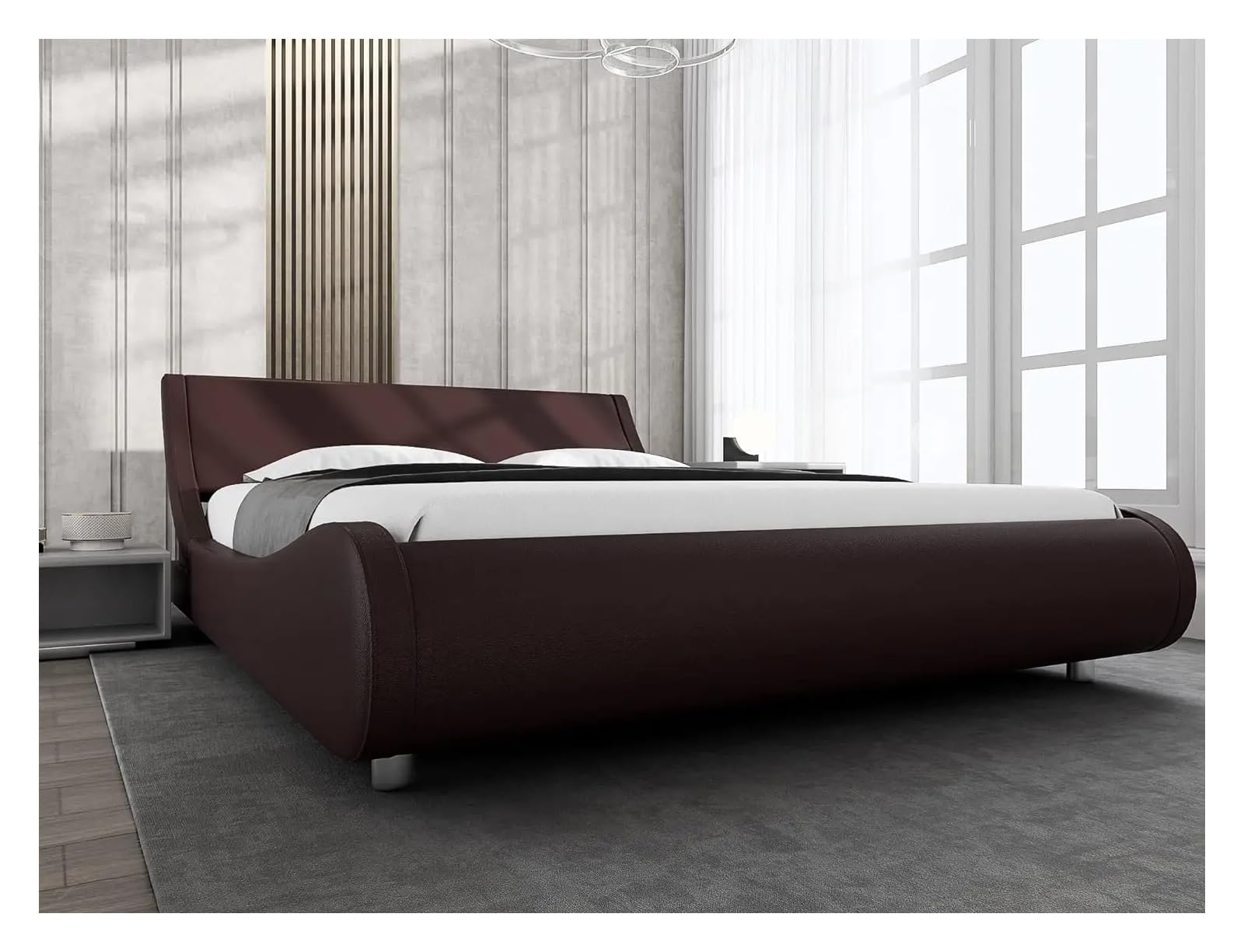 Upholstered Queen Platform Bed Frame Modern Low-Profile Sleigh Bed with Faux Leather headboard Compatible with Easy Assembly,beds, Full, Brown, zqq-2574