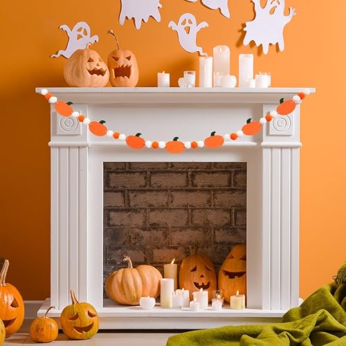 Miniatura 6 de Cartel de Halloween de otoño, guirnalda de bolas de fieltro con calabaza decoraciones de Halloween para interiores para chimenea, suministros de