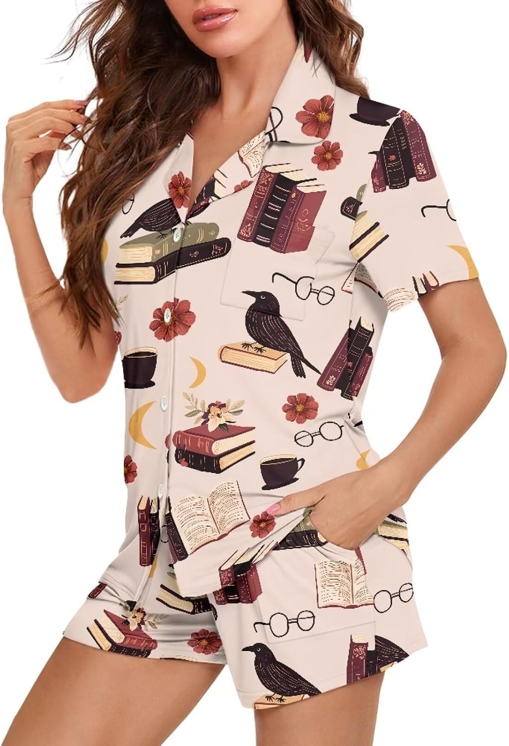 Womens Pajamas Set Button Down Short Sleeve Pajama Sleepwear Collar Nightshirt Casual Lounge Wear Top and Shorts