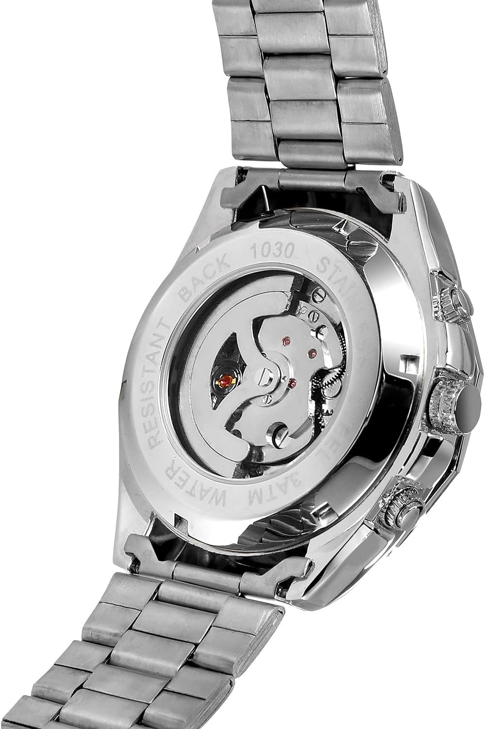 Avvicinamento view of the back of the FORSINING Automatic Skeleton Mechanical Wristwatch, Model AH192, showing the intricate mechanical movement through the transparent case back.