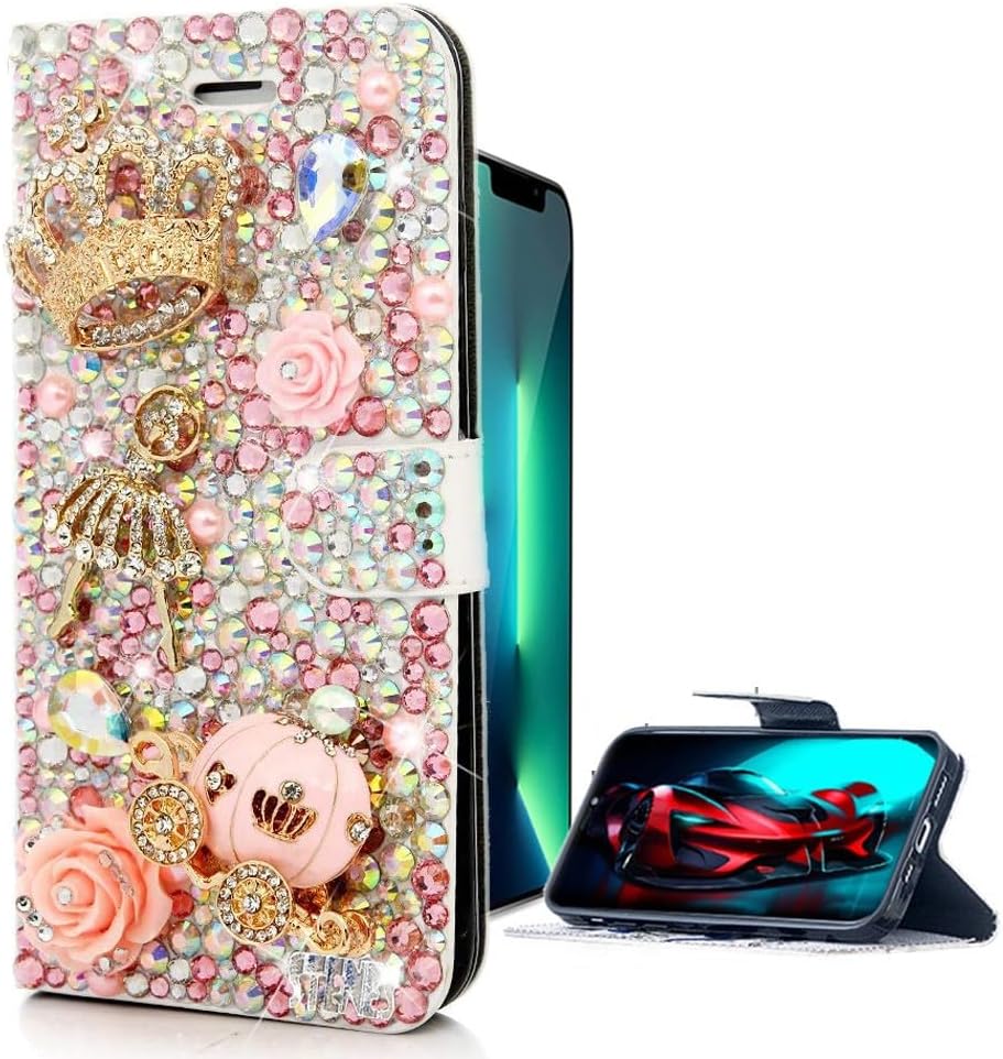 Glitter Wallet Case Compatible with Moto Edge 2024 - Luxury 3D Girls Women Shiny Handcrafted Leather Cover - Pink Crown Ballet Girl Pumpkin Car