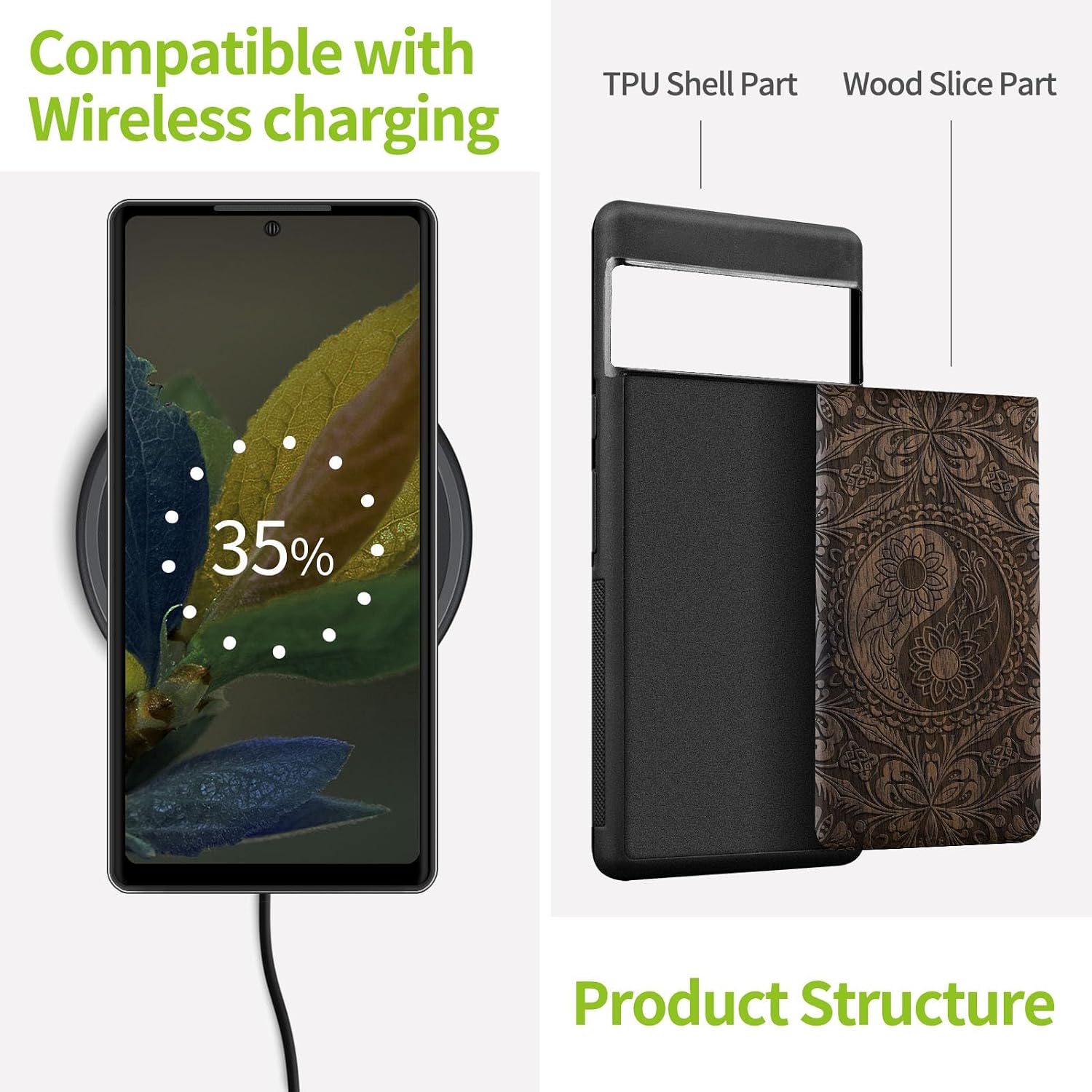 Carveit Wood Case for Pixel 6 Pro Case [Natural Wood & Black Soft TPU] Shockproof Protective Unique Wooden Cover Compatible with Google Pixel 6 Pro (The Yin Yang Mandala-Walnut)
