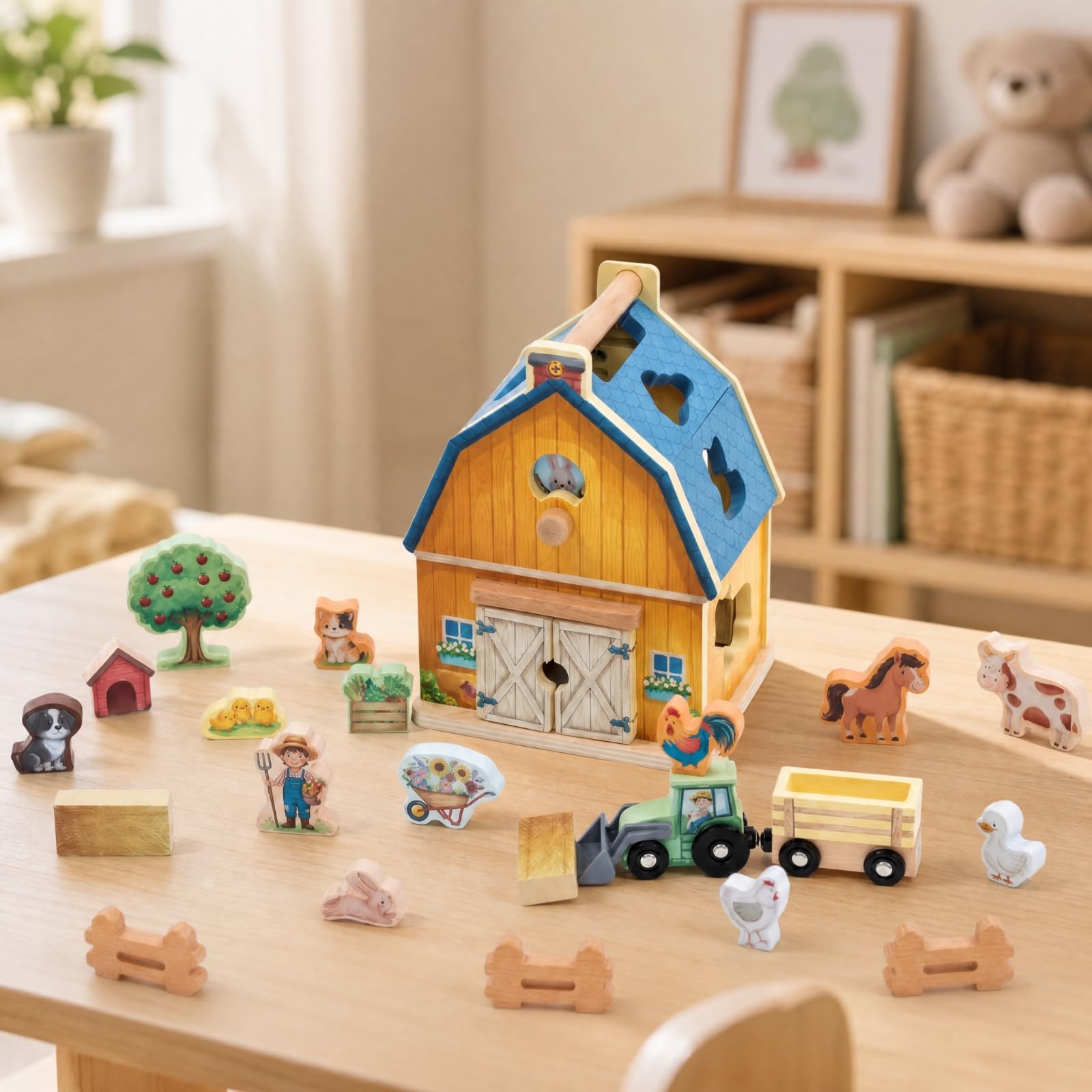 Milageto Casa delle Forme a Tema Fattoria Educativo Giocattolo di Abbinamento Forme con Maniglia Colorato Puzzle Child-Centered in Legno per Aula Scolastica