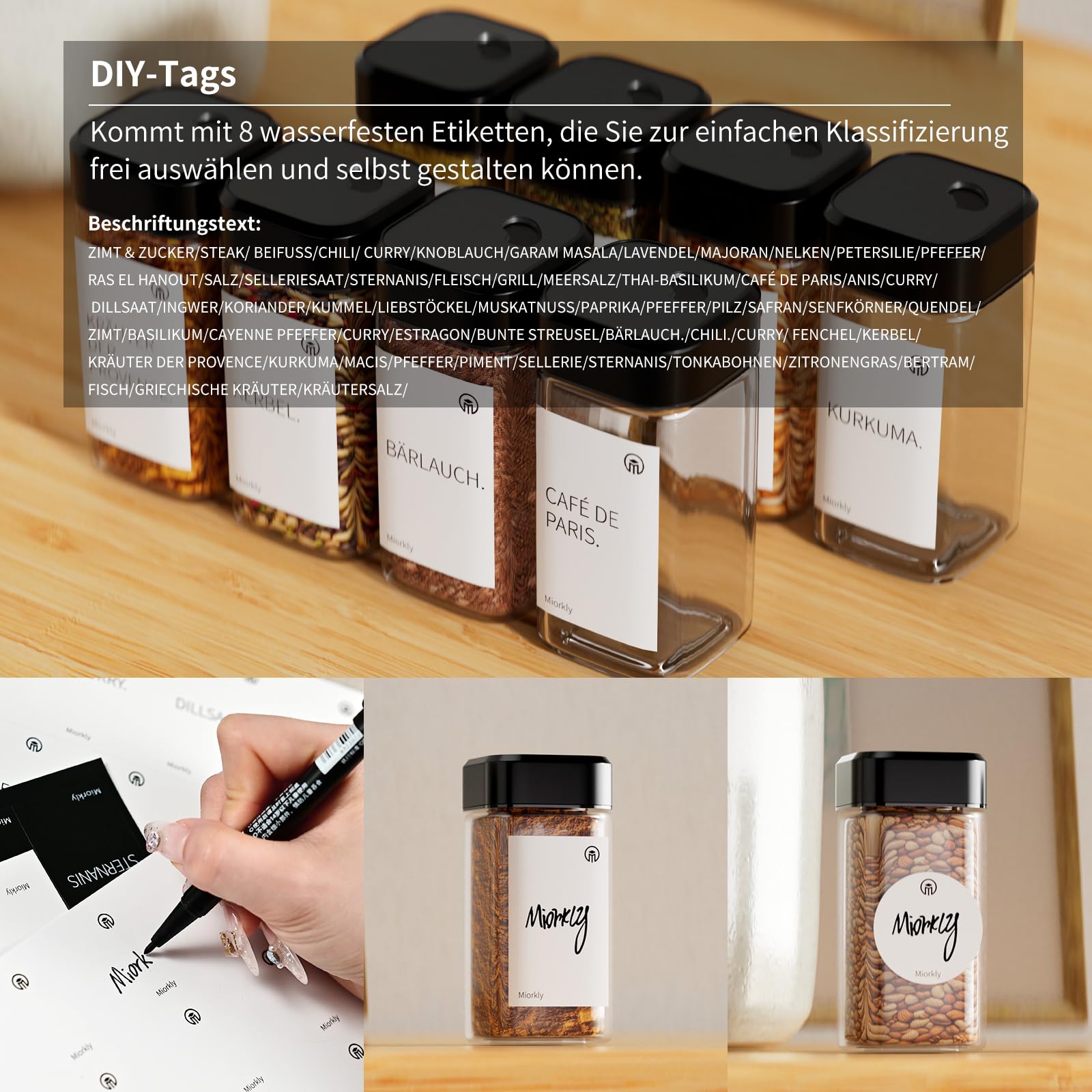 Lot de 24 pots à épices carrés avec couvercle en bois avec étagère en bois [24 x 120 ml] – Étagère à épices avec boîtes à épices – Organiseur à épices – Épices en verre avec étiquettes