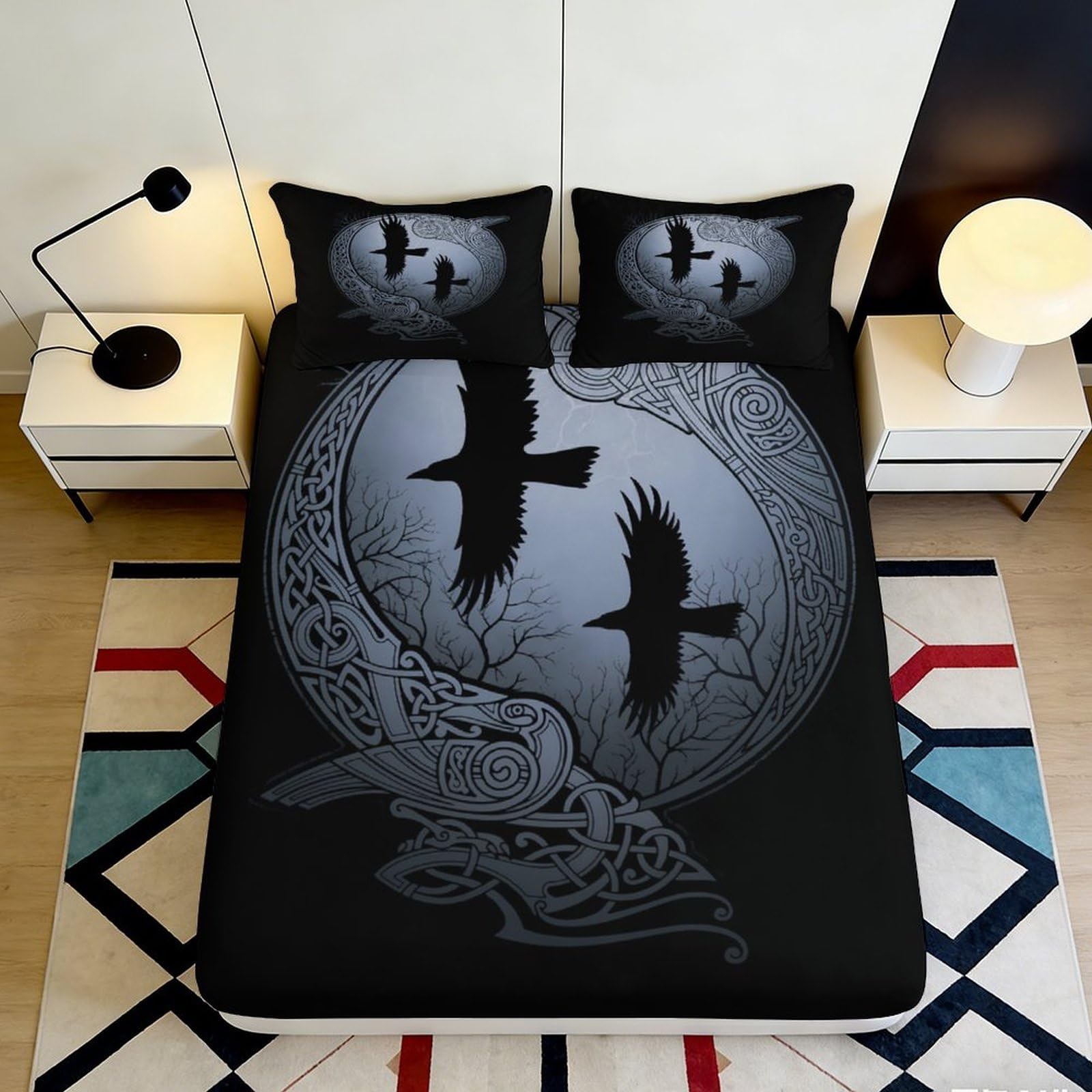 3D Printed Nordic Raven Fitted Sheet Microfiber Black Bird Forest Mattress Cover Bedroom Dorm Protector 90x200x25cm