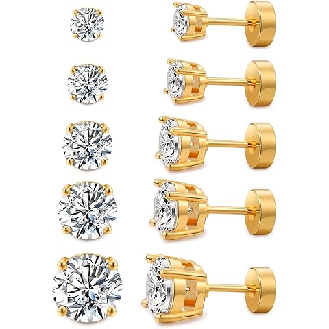 Kainier Women's 14K Gold Plated CZ Stud Earrings Simulated Diamond Round Cubic Zirconia Ear Stud Set(5 Pairs)…