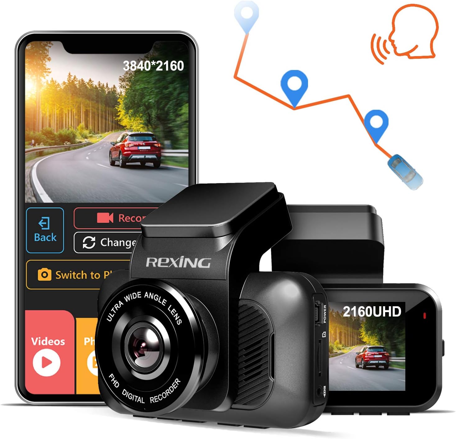 REXING V5 Dash Cam mounted on a car windshield, showing its compact design and front-facing lens.