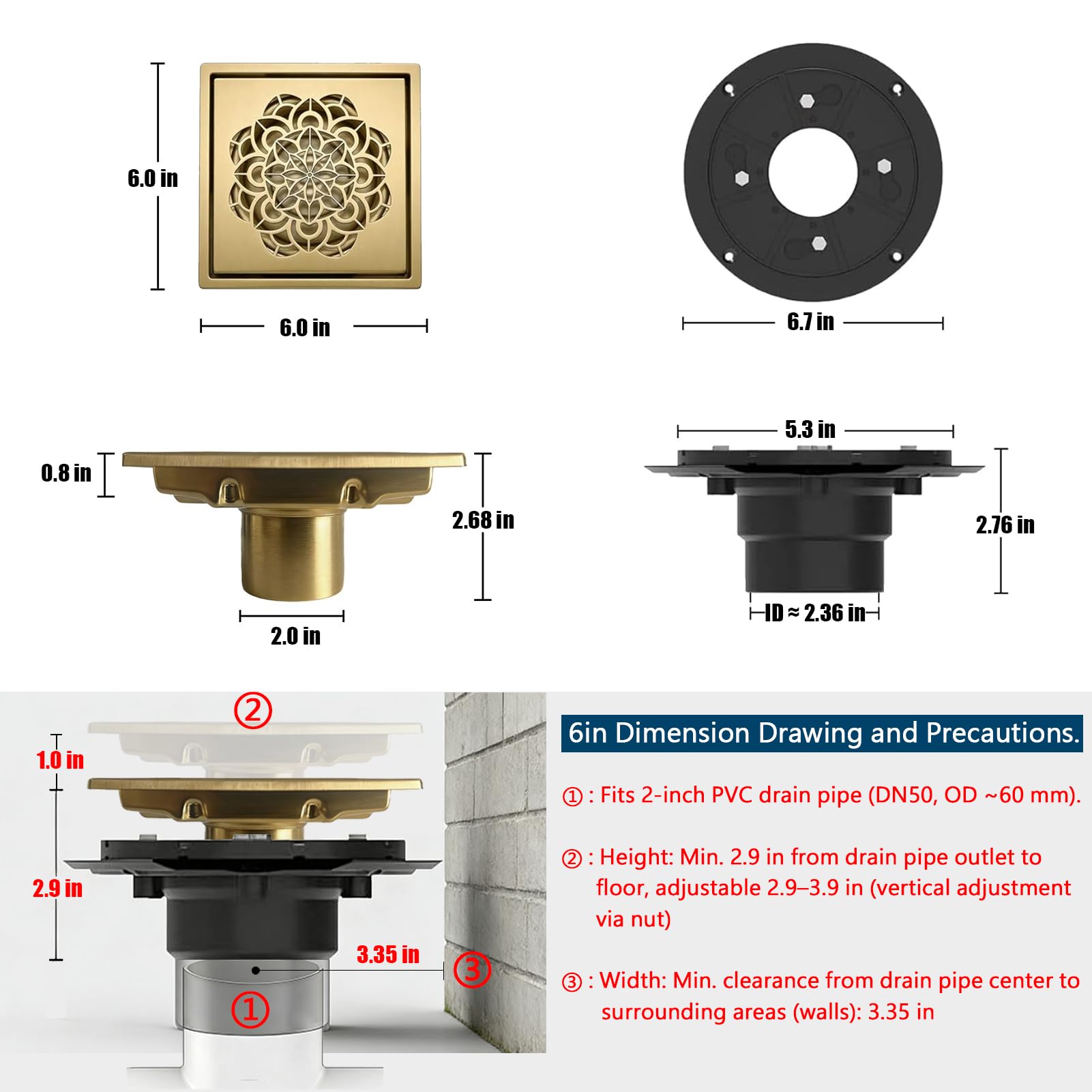 6 Inch Shower Drain, Square Shower Floor Drain Kit with Flange and Removable Cover Grate, AISI 304 Stainless Steel, Brushed Gold — view 4