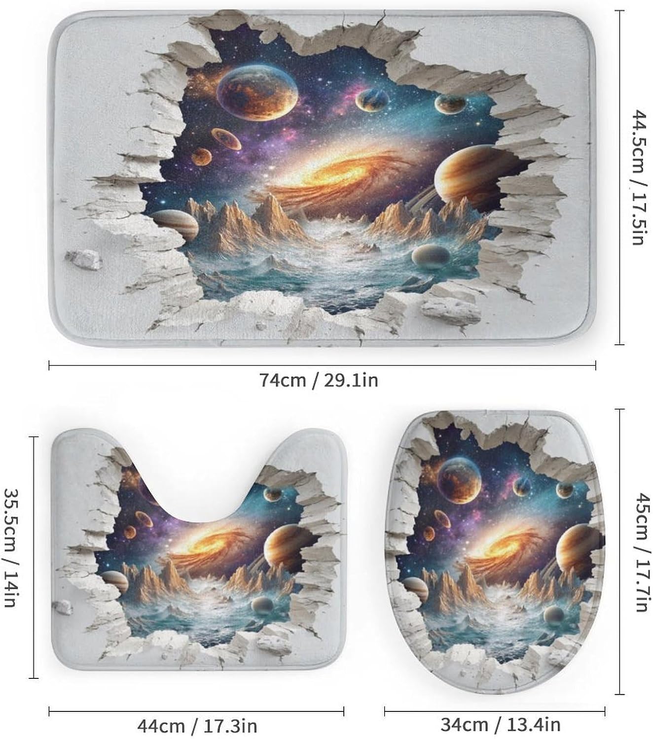 4Pcs Cosmic Planet Broken Wall Galaxy Space Rock Shower Curtain 72W X 72L, Toilet Lid Cover Non-Slip Rugs and U-Shaped Mat, Colorful Universe Bathroom Decor Set with 12 Hooks image 3