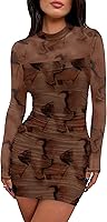WIHOLL Women's Sheer Mesh Long Sleeve Ruched Bodycon Mini Dress Mock Neck Sexy Club Party Cocktail Dress
