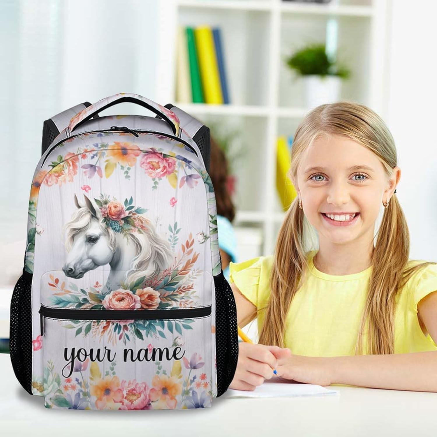 Custom Horse Backpack for Girls Boys, 17 Inch White Backpacks for Primary School, Aesthetic Lightweight Durable Bookbag for Kids