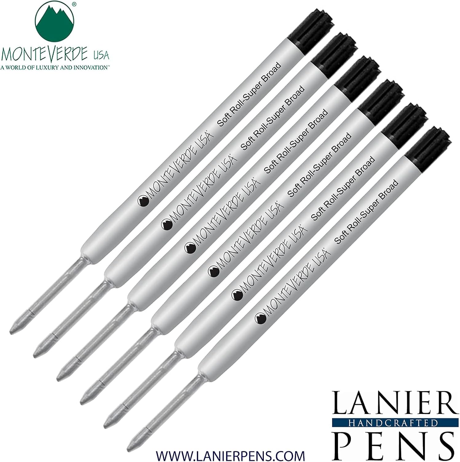Lanier Combo Pack - 6 Pack - Monteverde® Soft Roll™ Super Broad Ballpoint P15 Paste Ink Refill Compatible with Most Parker® Style Ballpoint Pens - Black (Super Broad Tip 1.4mm)