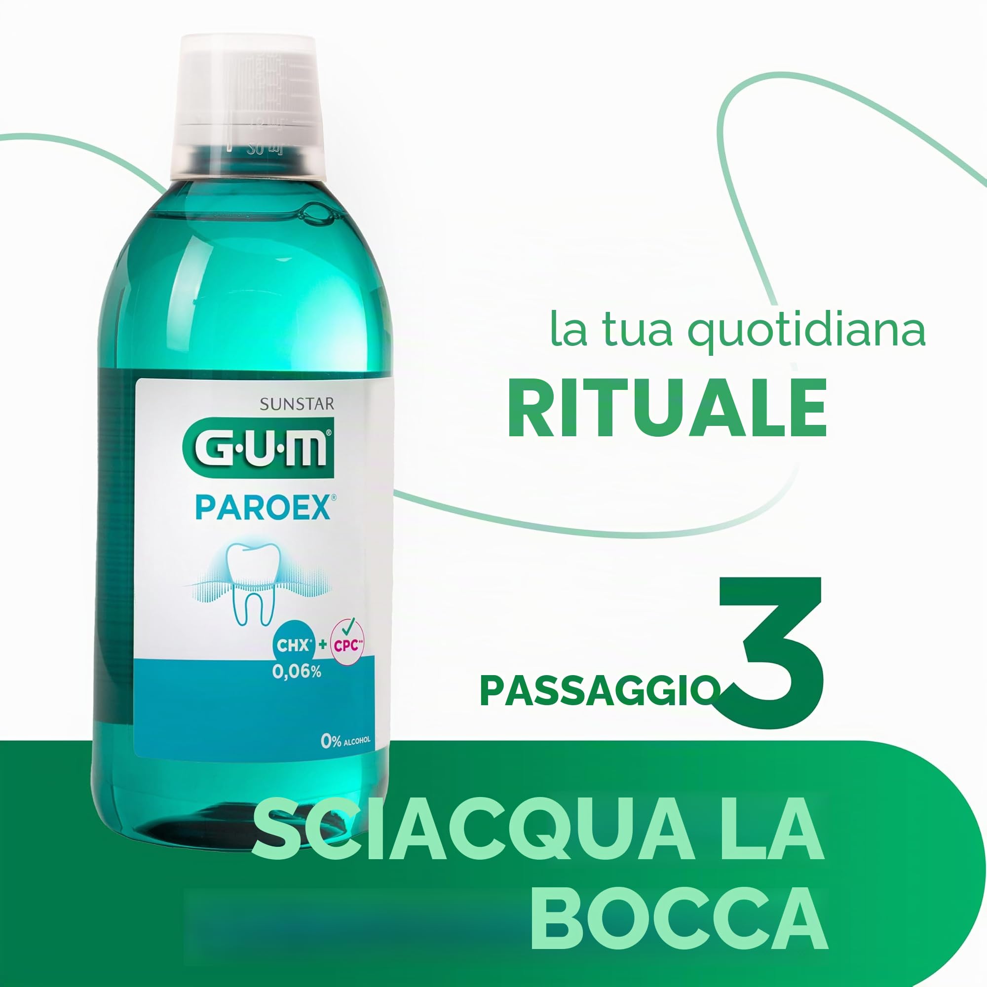 Collutorio di mantenimento GUM PAROEX 0,06% | cura avanzata delle gengive | azione antiplacca doppia| dà sollievo alle gengive sensibili | senza alcol | 12 x 500