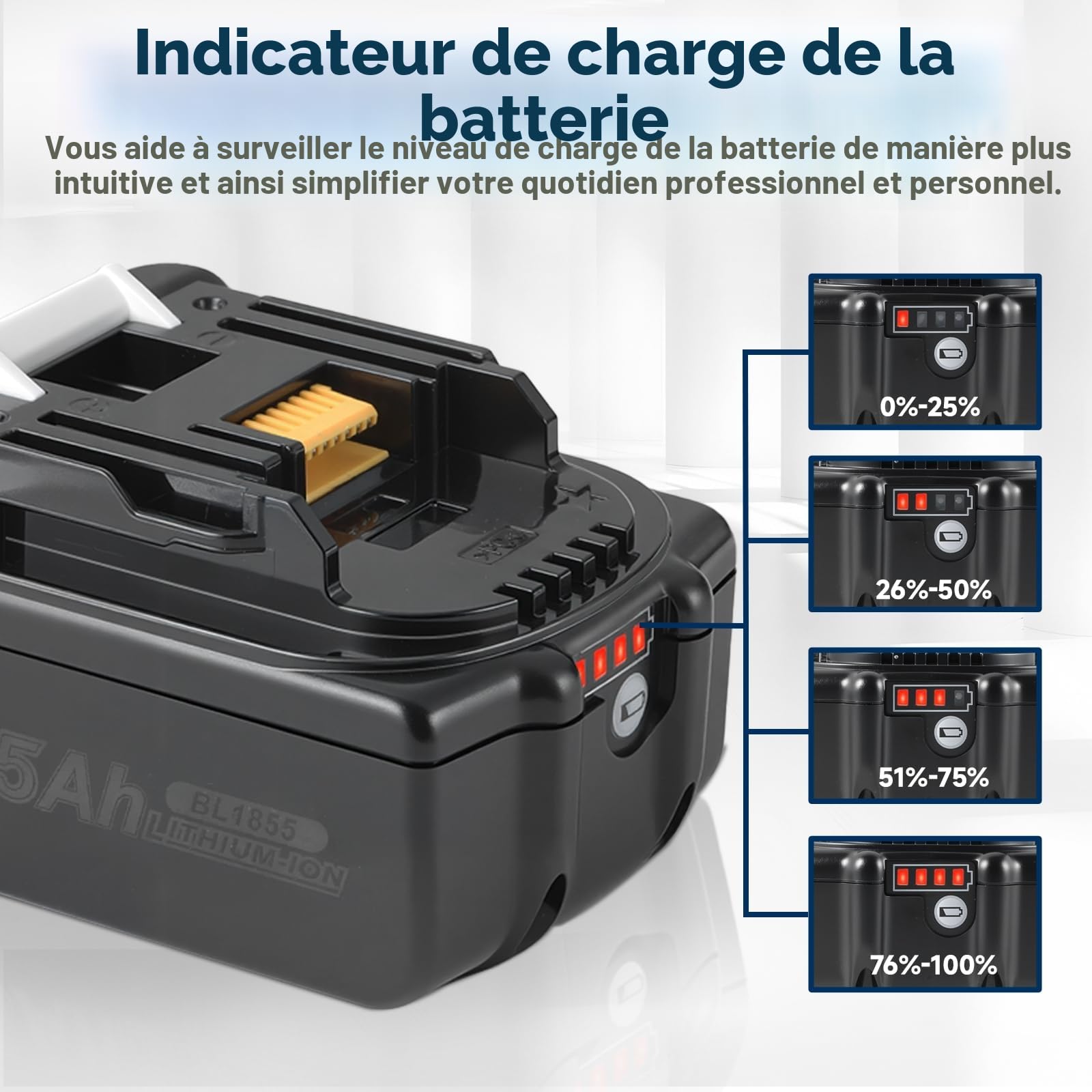 2X 5.5Ah Remplacement pour Makita Batterie 18V compatibles avec BL1860, BL1860B, BL1850, BL1850B, BL1840, BL1840B, BL1830, BL1830B, BL1815, BL1825, BL1835, BL1845 LXT400