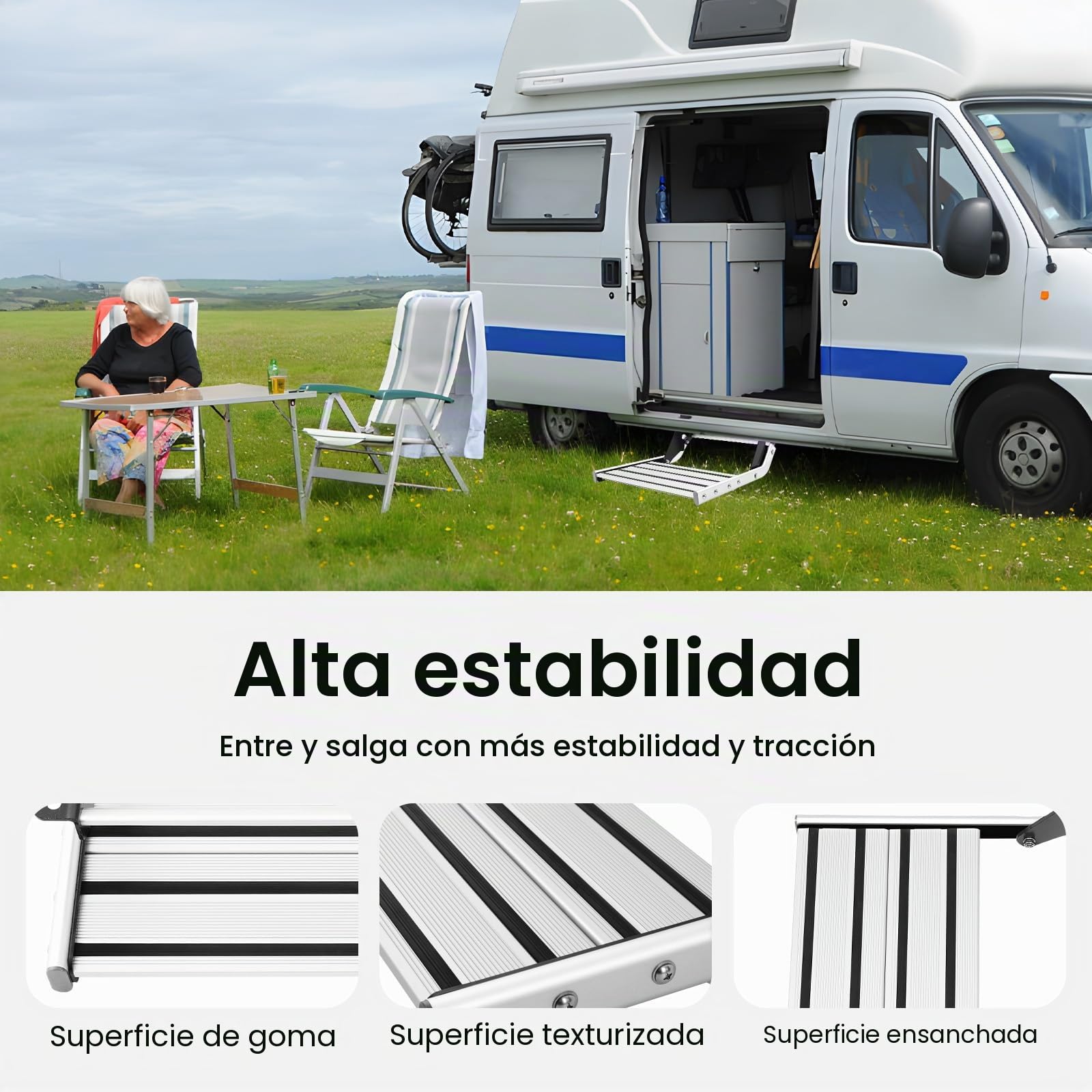 Peldaños para caravana Trittstufe manual para autocaravana plegable Camper Stufe de entrada Trittstufe con capacidad de hasta 150 kg RV Schritt con tiras antideslizantes